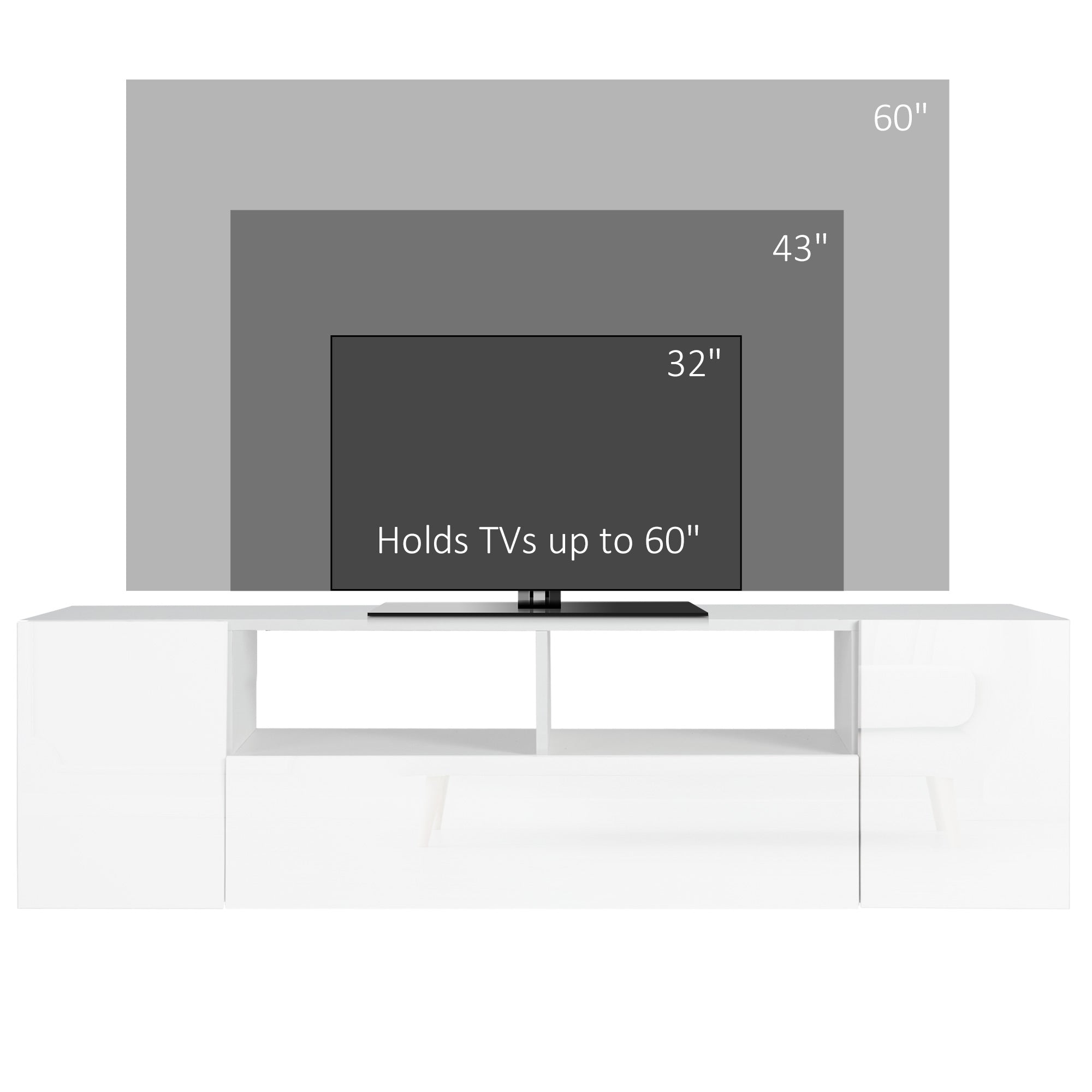 HOMCOM High Gloss TV Unit Cabinet for TVs up to 60" with LED Lights, TV Stand with Storage Shelves and Cupboards, White