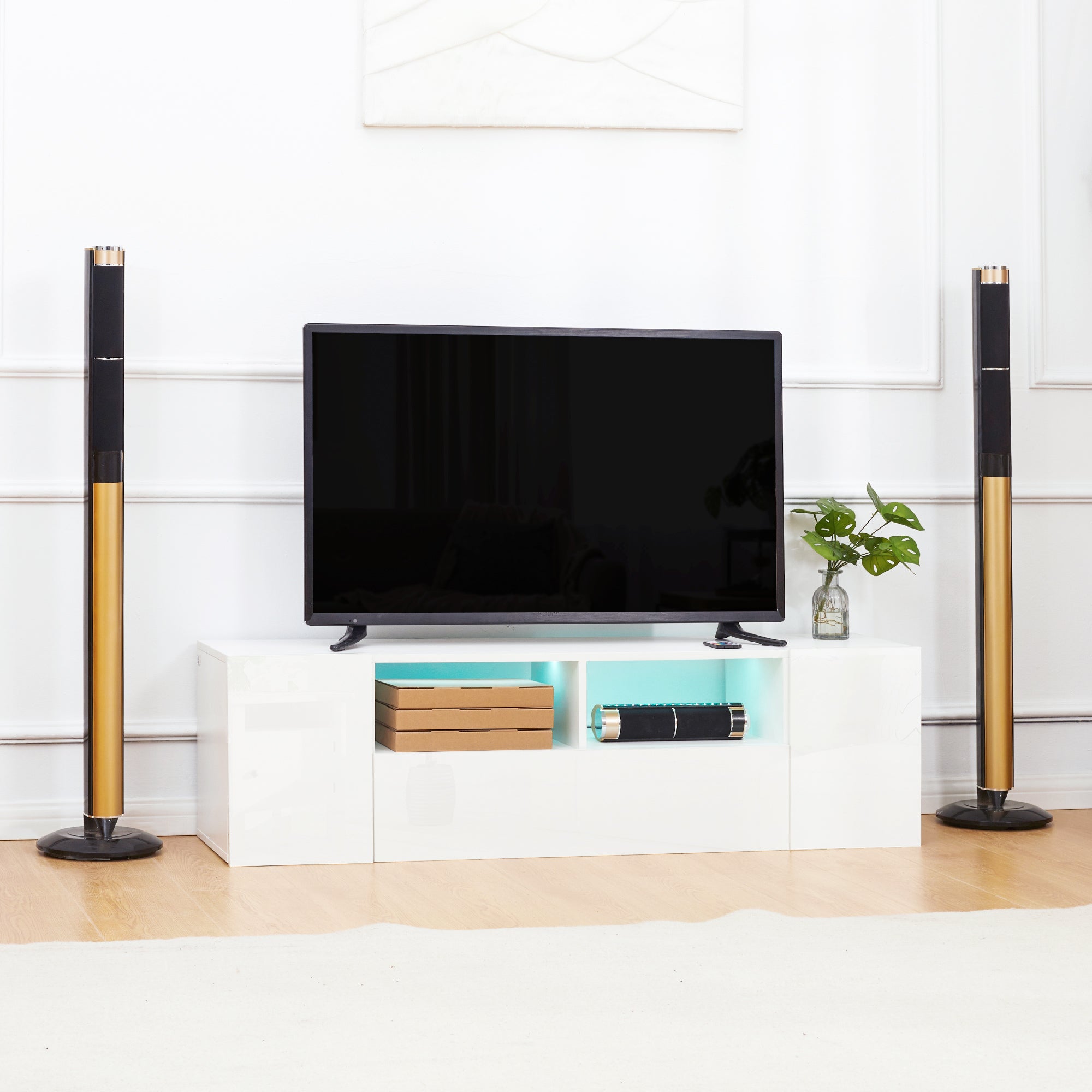 HOMCOM High Gloss TV Unit Cabinet for TVs up to 60" with LED Lights, TV Stand with Storage Shelves and Cupboards, White