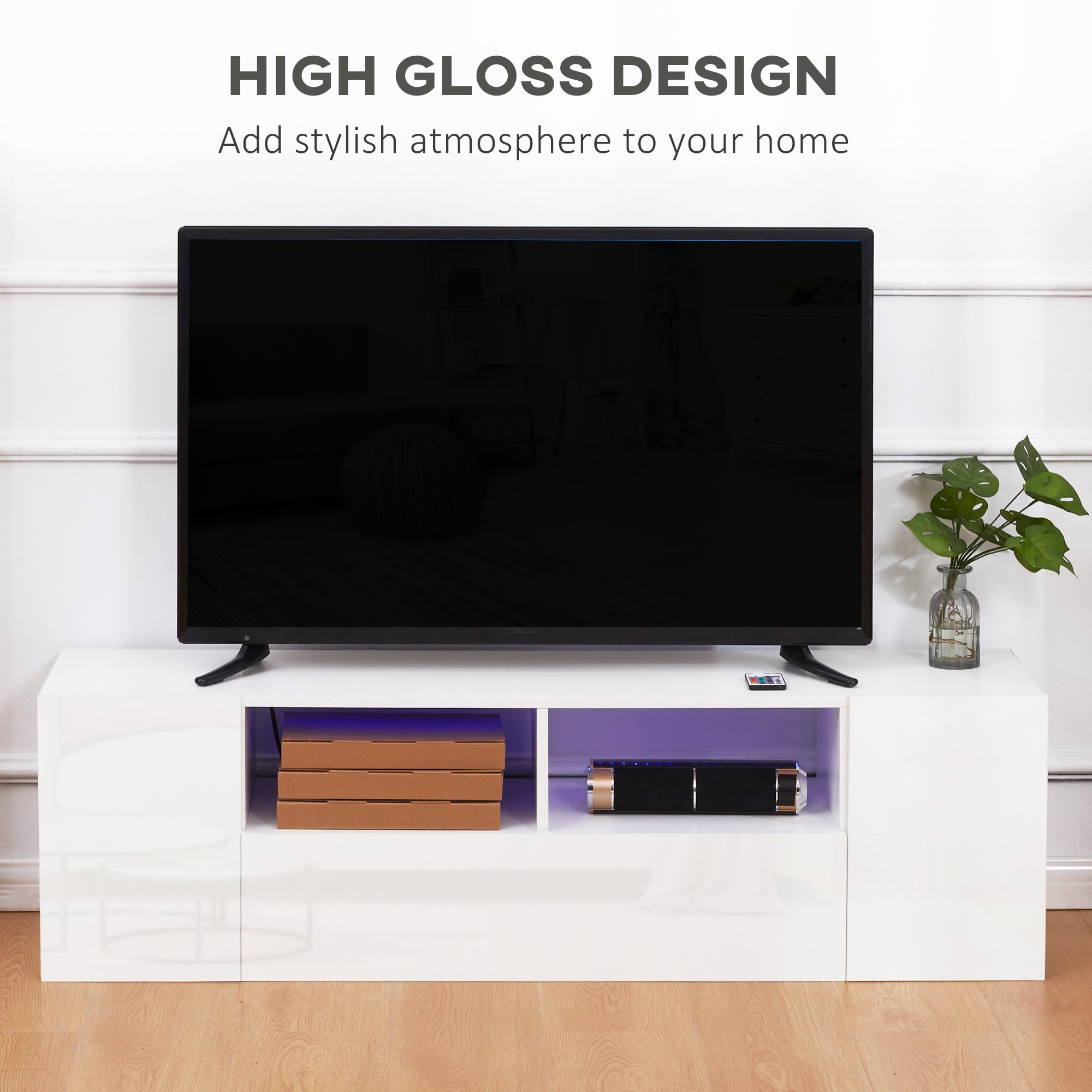 HOMCOM High Gloss TV Unit Cabinet for TVs up to 60" with LED Lights, TV Stand with Storage Shelves and Cupboards, White