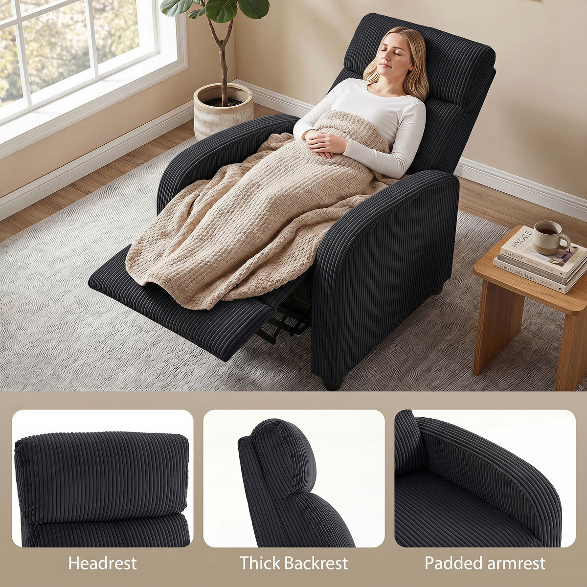 Push Back Recliner Chair, Corduroy Home Theater Seating, Single Reclining Sofa Chair with Padded Seat for Living Room, Black