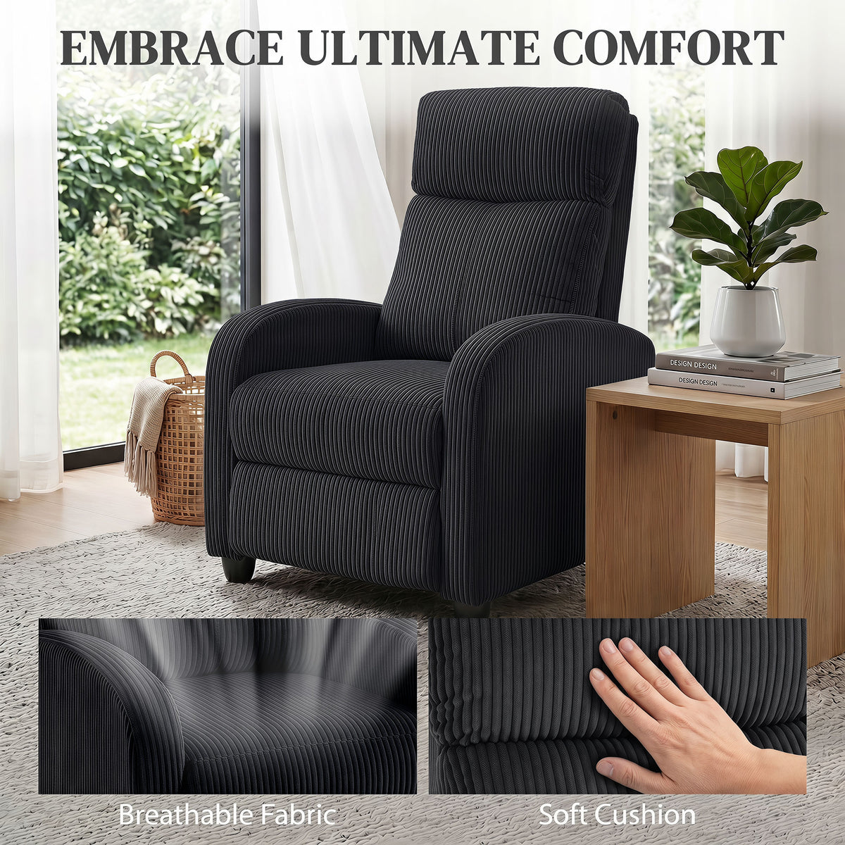 Push Back Recliner Chair, Corduroy Home Theater Seating, Single Reclining Sofa Chair with Padded Seat for Living Room, Black