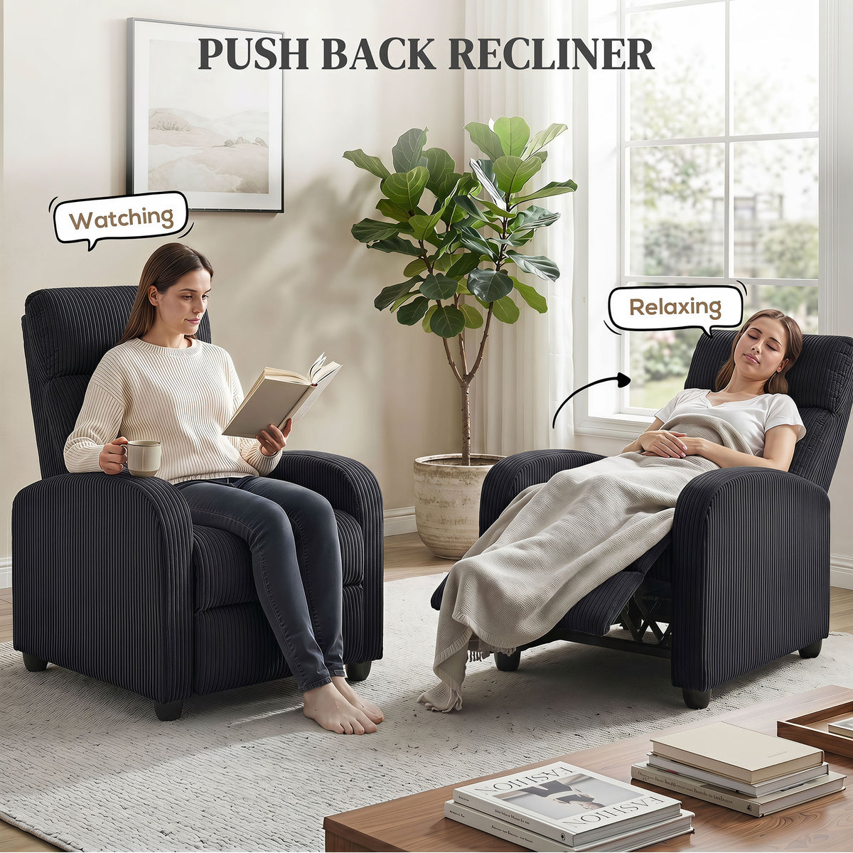 Push Back Recliner Chair, Corduroy Home Theater Seating, Single Reclining Sofa Chair with Padded Seat for Living Room, Black