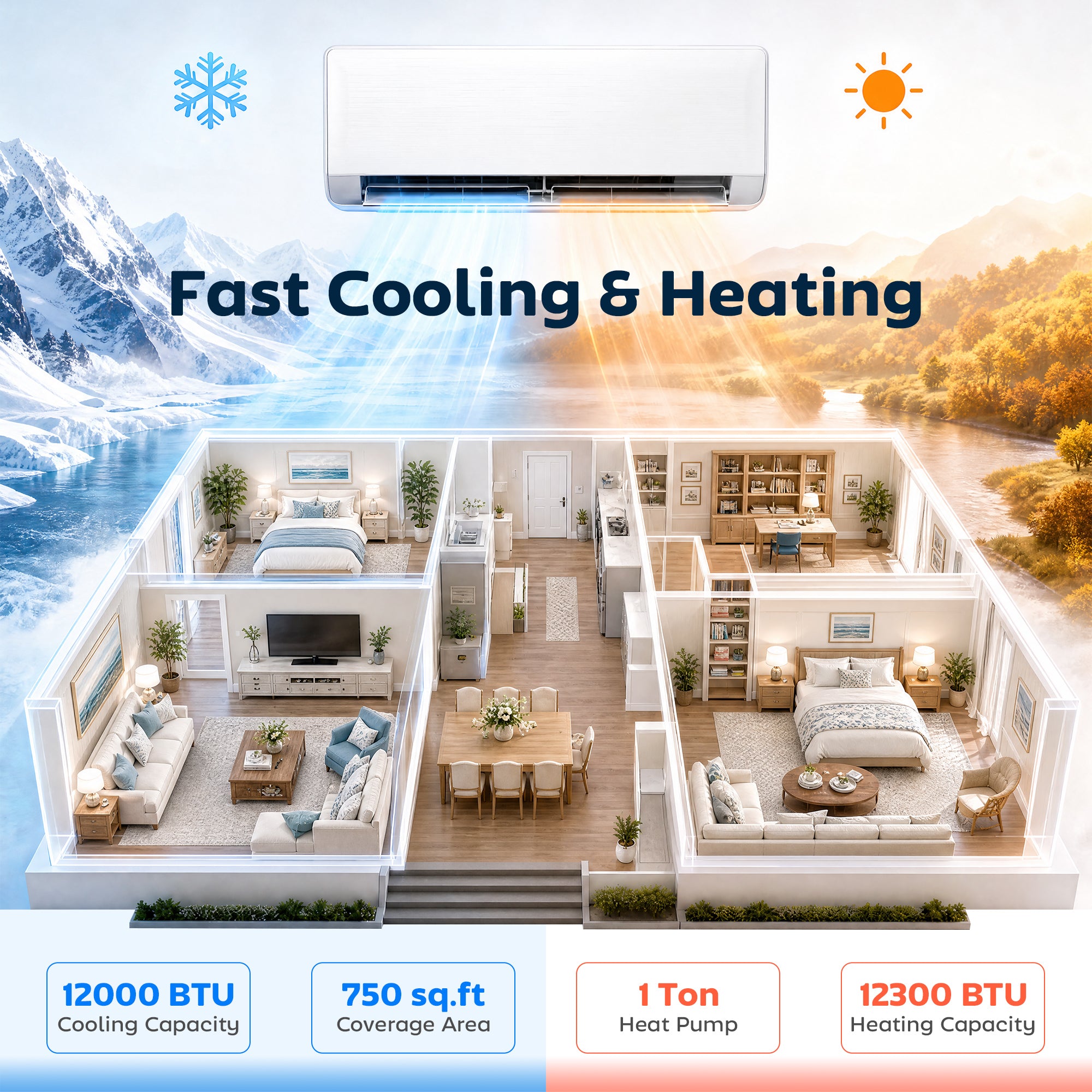 12000 BTU Mini Split AC/Heating System SEER2 22 Inverter Heat Pump, 115V, Works with Alexa, Energy Efficient Ductless Air Conditioner Cools 750 Sq.Ft, WiFi Enabled with Install Kit