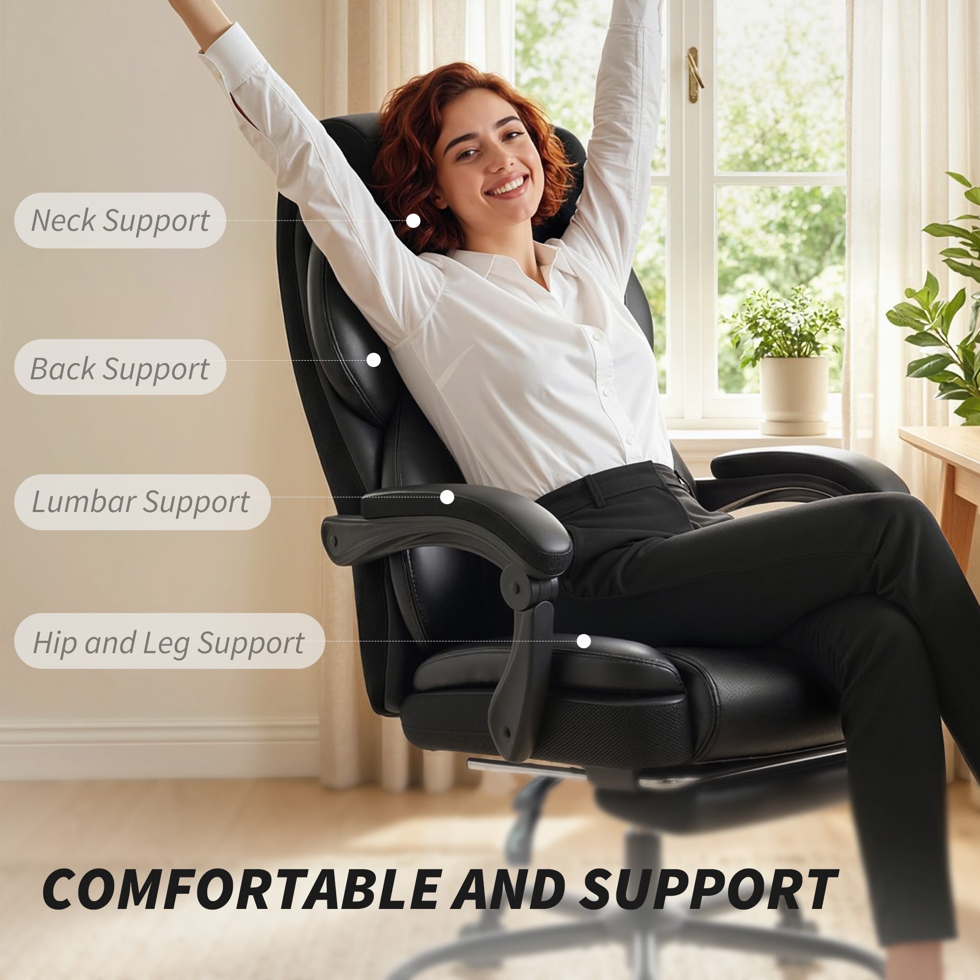 Office Chair, PU Leather Reclining Computer Desk Chair with Footrest, Armrest, Adjustable Height, Swivel Casters, Black