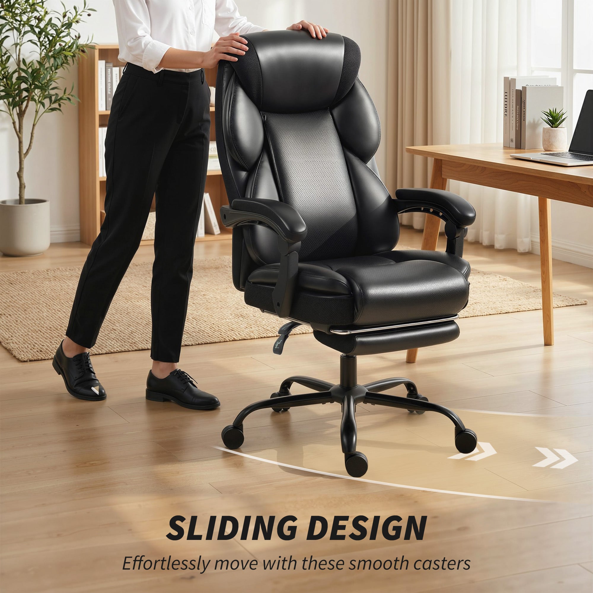 Office Chair, PU Leather Reclining Computer Desk Chair with Footrest, Armrest, Adjustable Height, Swivel Casters, Black