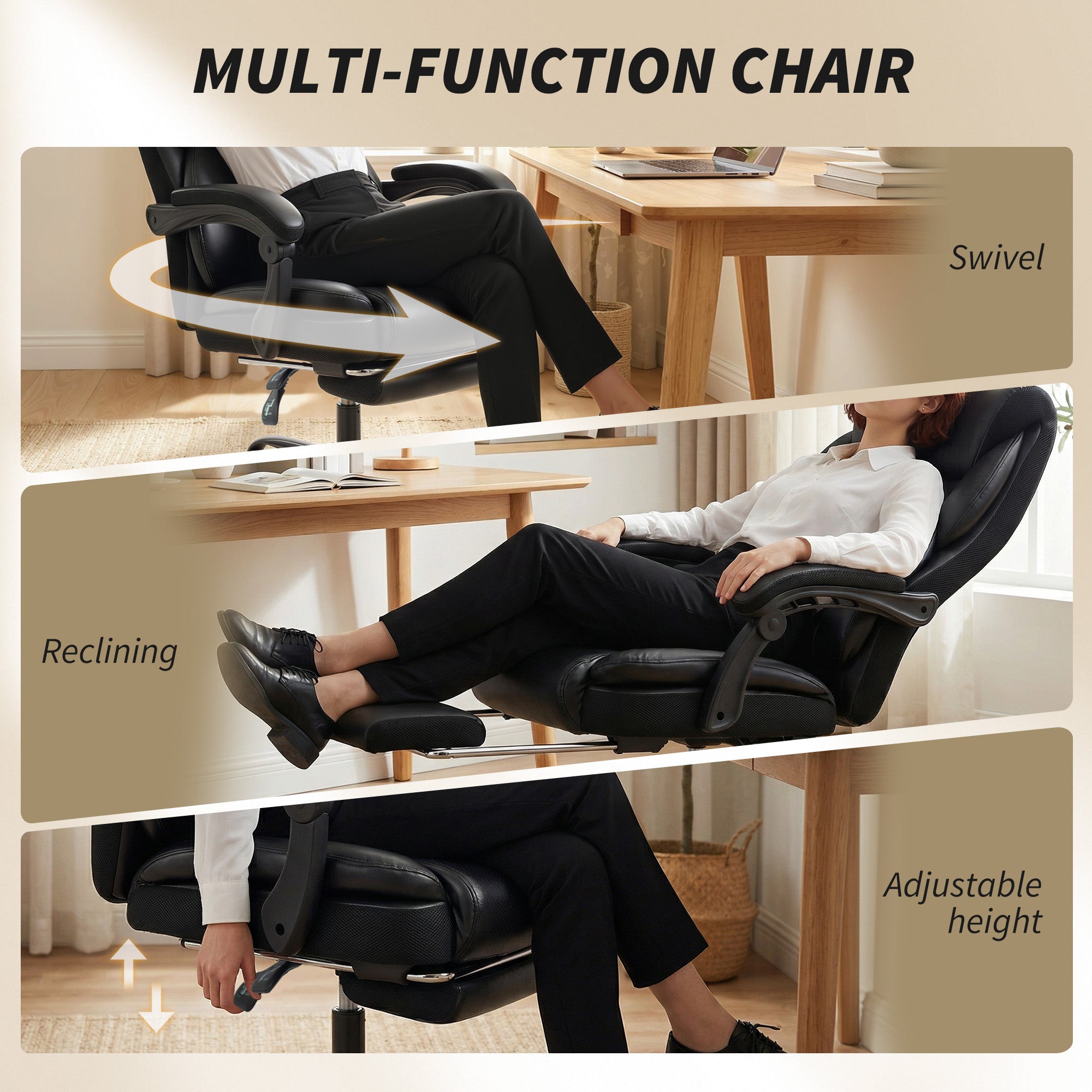 Office Chair, PU Leather Reclining Computer Desk Chair with Footrest, Armrest, Adjustable Height, Swivel Casters, Black