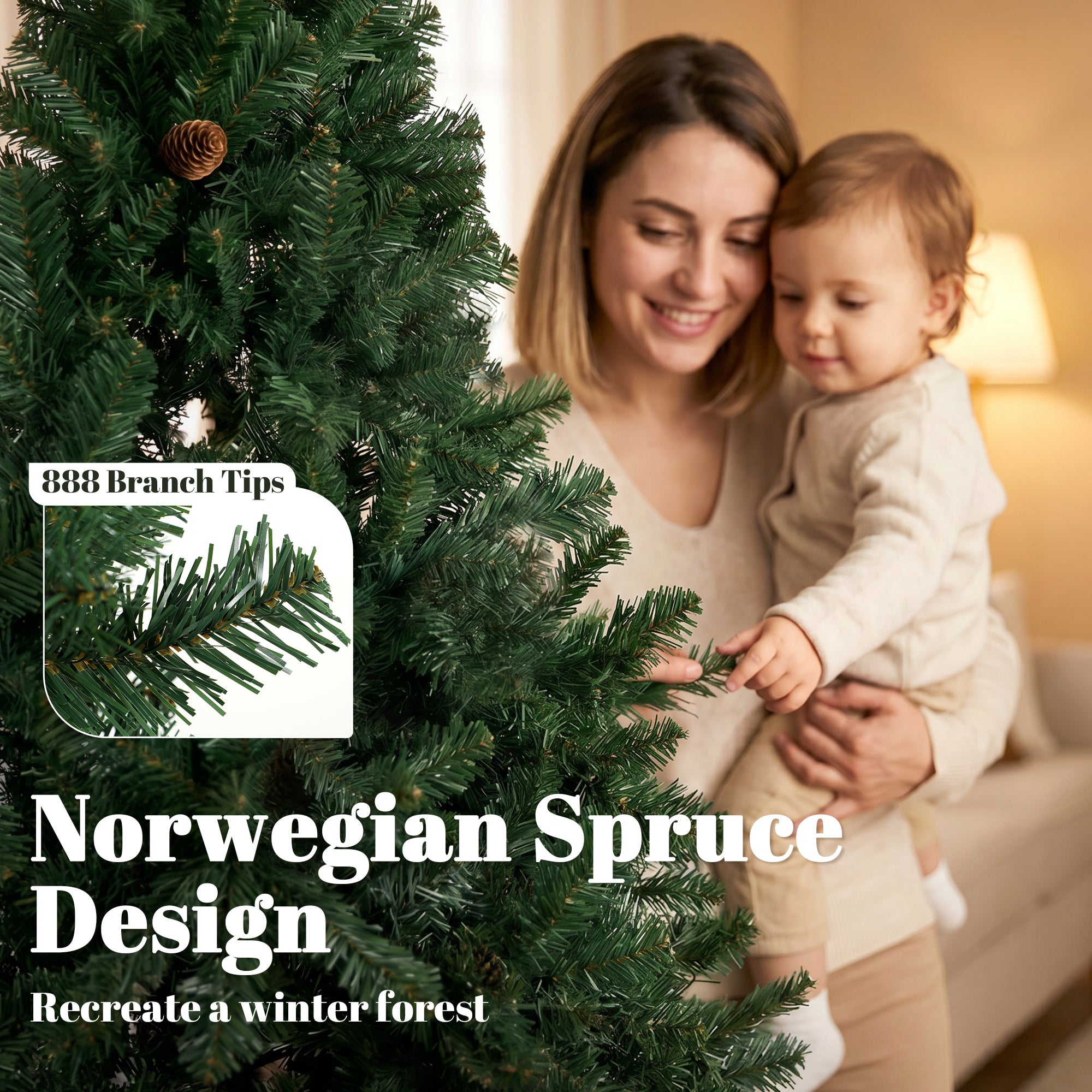 6ft Norwegian Spruce Artificial Christmas Tree with 888 Branch Tips, Foldable Metal Stand, Quick-Assembly Hinged Design, Full Xmas Tree for Home Office Holiday Decor, Green