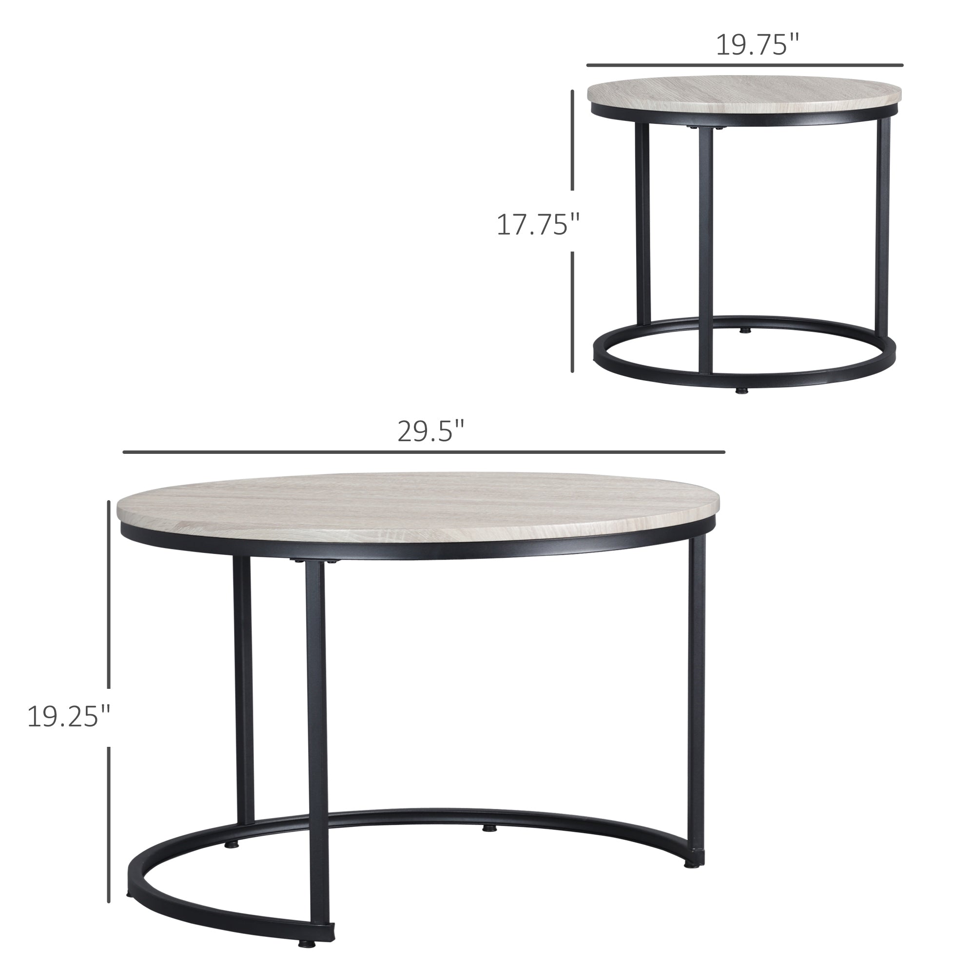Round Nesting Tables Set of 2 Stacking Coffee Table Set with Metal Frame Grey
