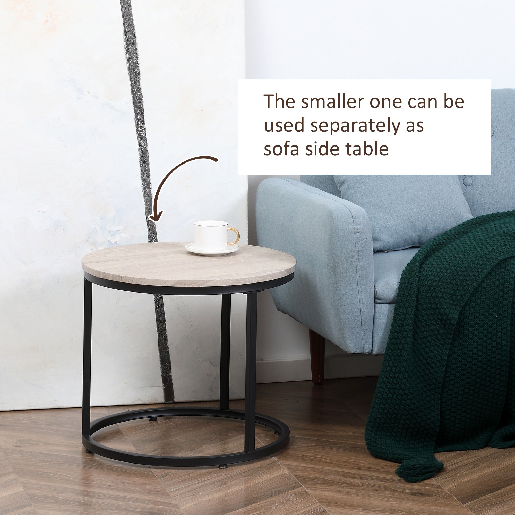 Round Nesting Tables Set of 2 Stacking Coffee Table Set with Metal Frame Grey