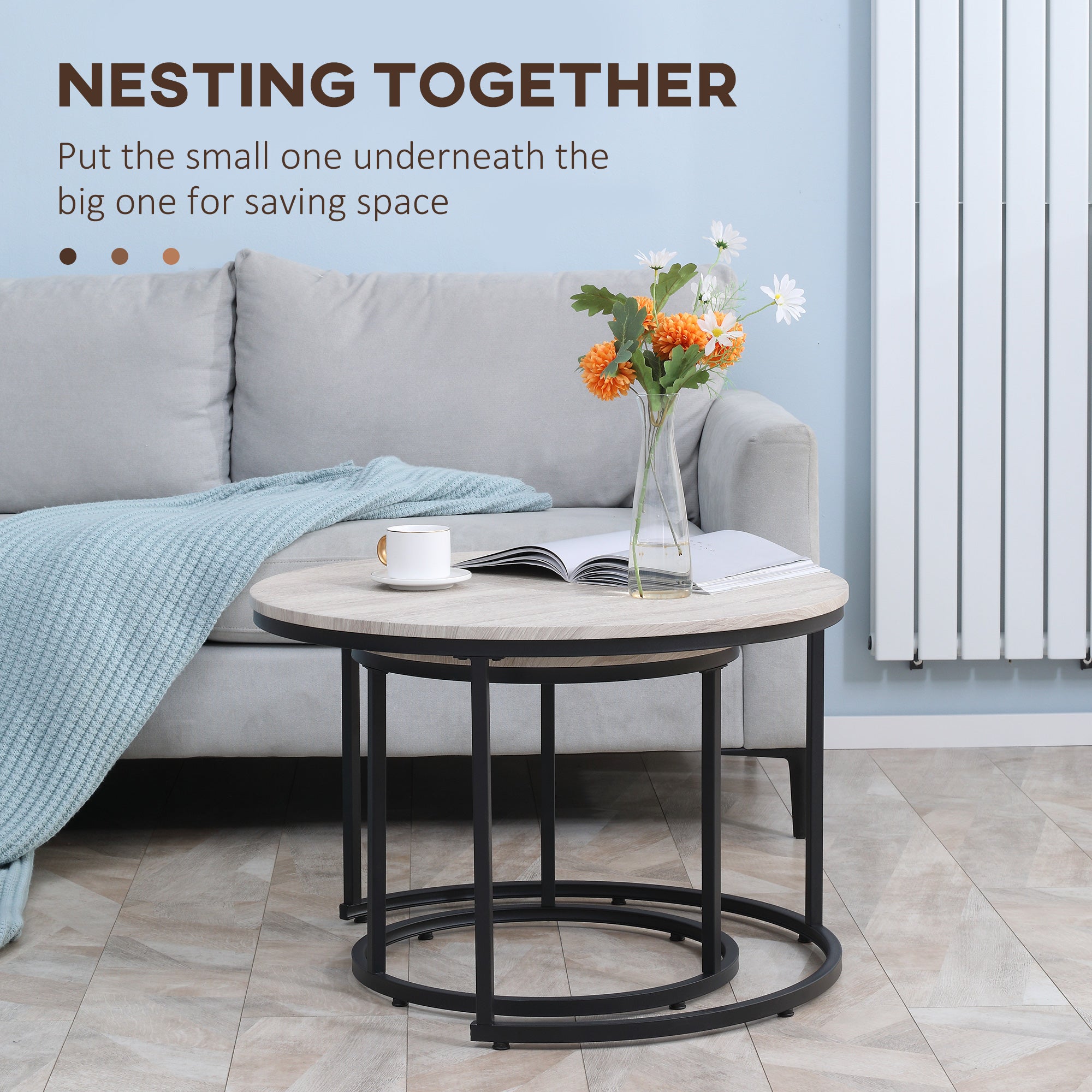Round Nesting Tables Set of 2 Stacking Coffee Table Set with Metal Frame Grey