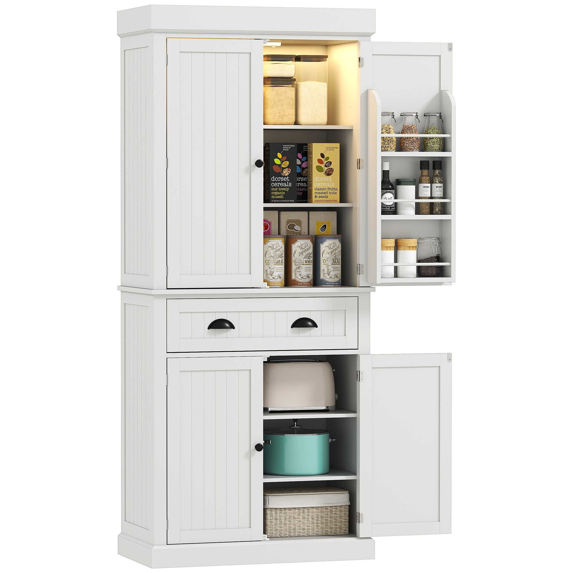 71" Pantry Cabinet with LED Motion Sensor Light, Freestanding Kitchen Pantry with 6 Spice Racks, Drawer and Adjustable Shelves, Tall Buffet Cabinet with Hutch, White