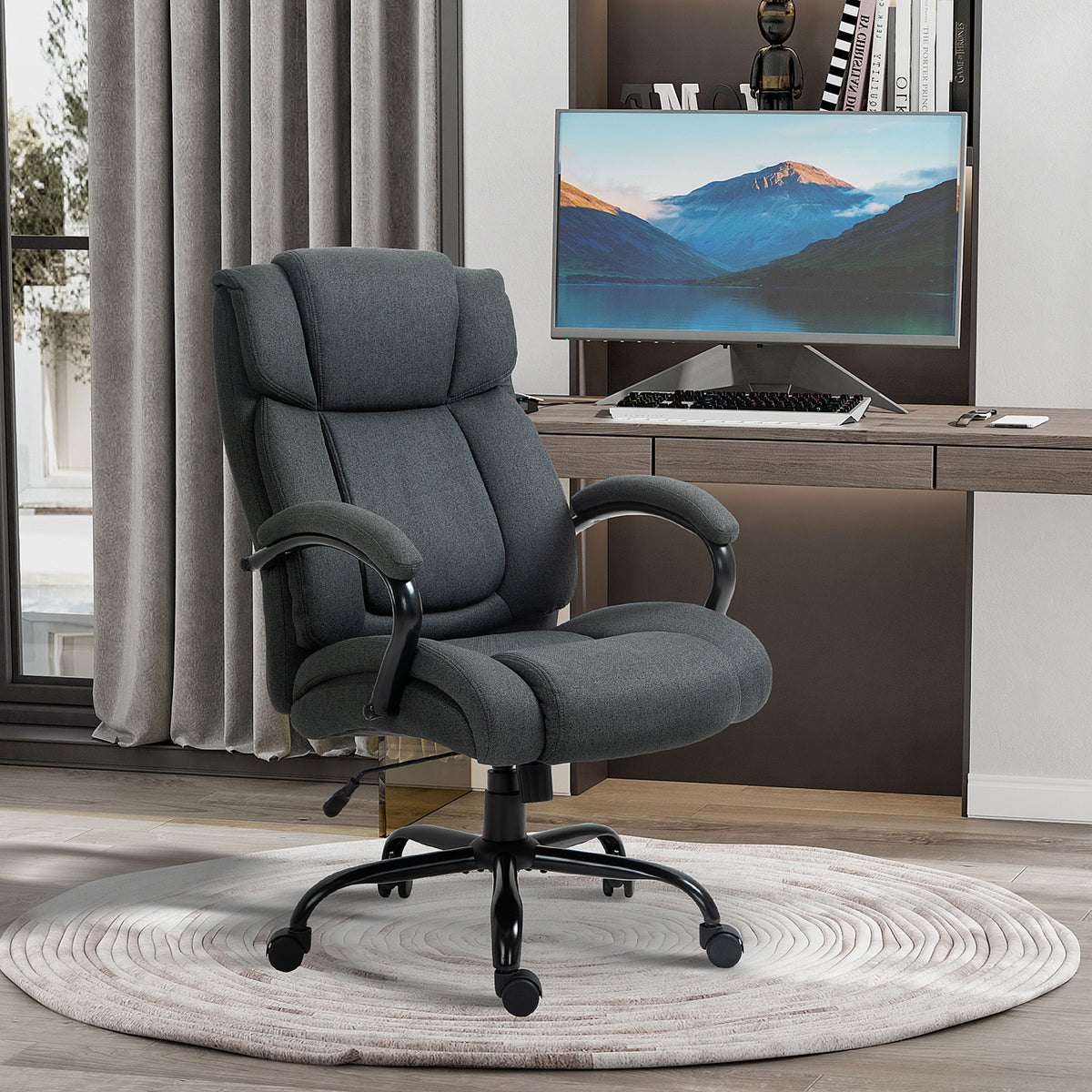 Executive Office Chair with Spring Padding, Linen Computer Desk Chair with Swivel Wheels, High Back, Height Adjustable, Charcoal Grey