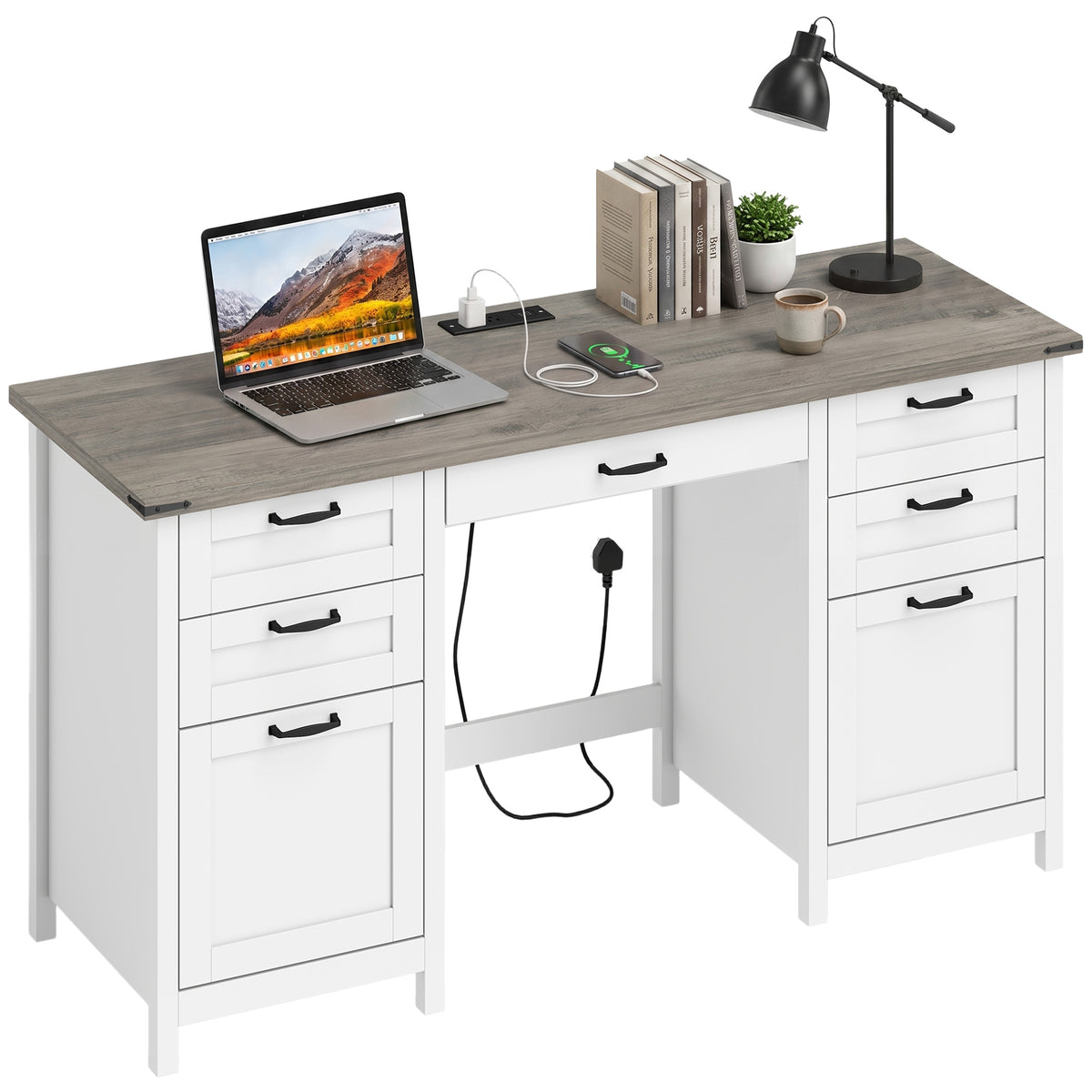 Farmhouse 57" Executive Desk with 7 Drawers, Computer Desk with Power Outlets & USB Charging, Hanging Bar for A4 and Letter, Home Office, Study, Grey Brown and White