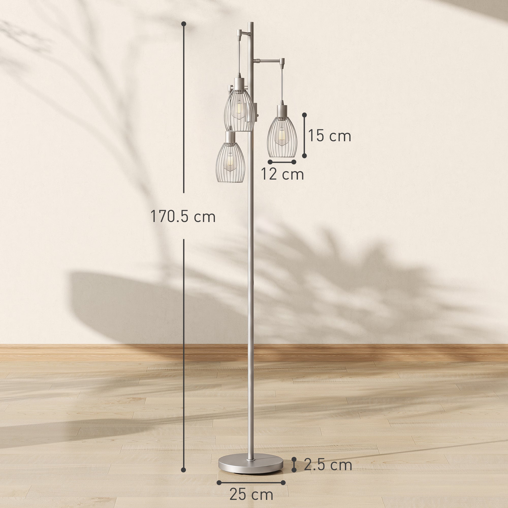 3-Light LED Floor Lamp, 170cm Industrial Dimmable Standing Lamp with Steel Wire Cage Lampshades, 2700K for Living Room, Bedroom, Dining Room, Study, Silver Tone