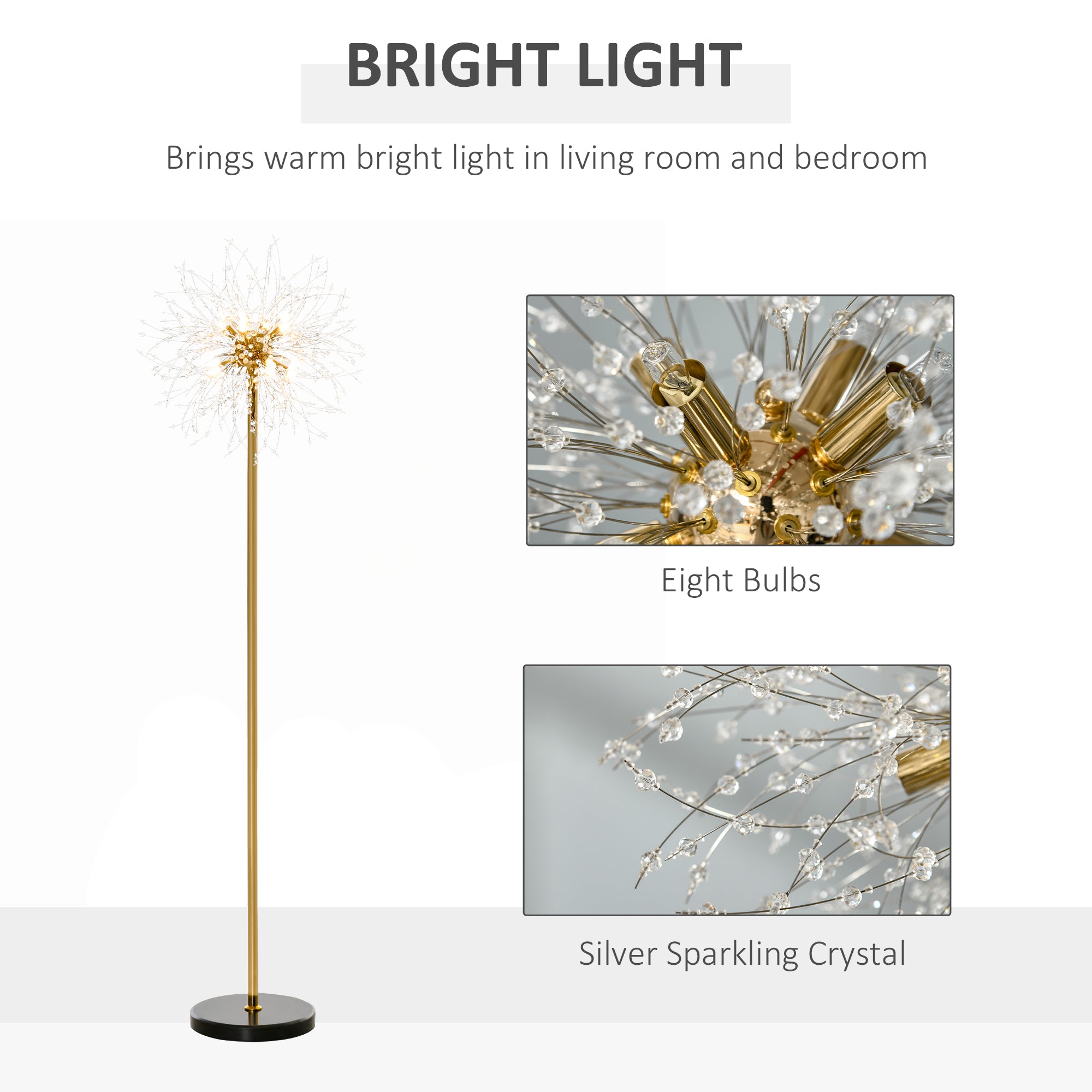 HOMCOM Floor Lamp, Crystal Fireworks Standing Lamp, Metal Golden Pole Tree Lighting with Foot Switch, 8 Lights, G9 Bulb Base, for Living Room, Bedroom