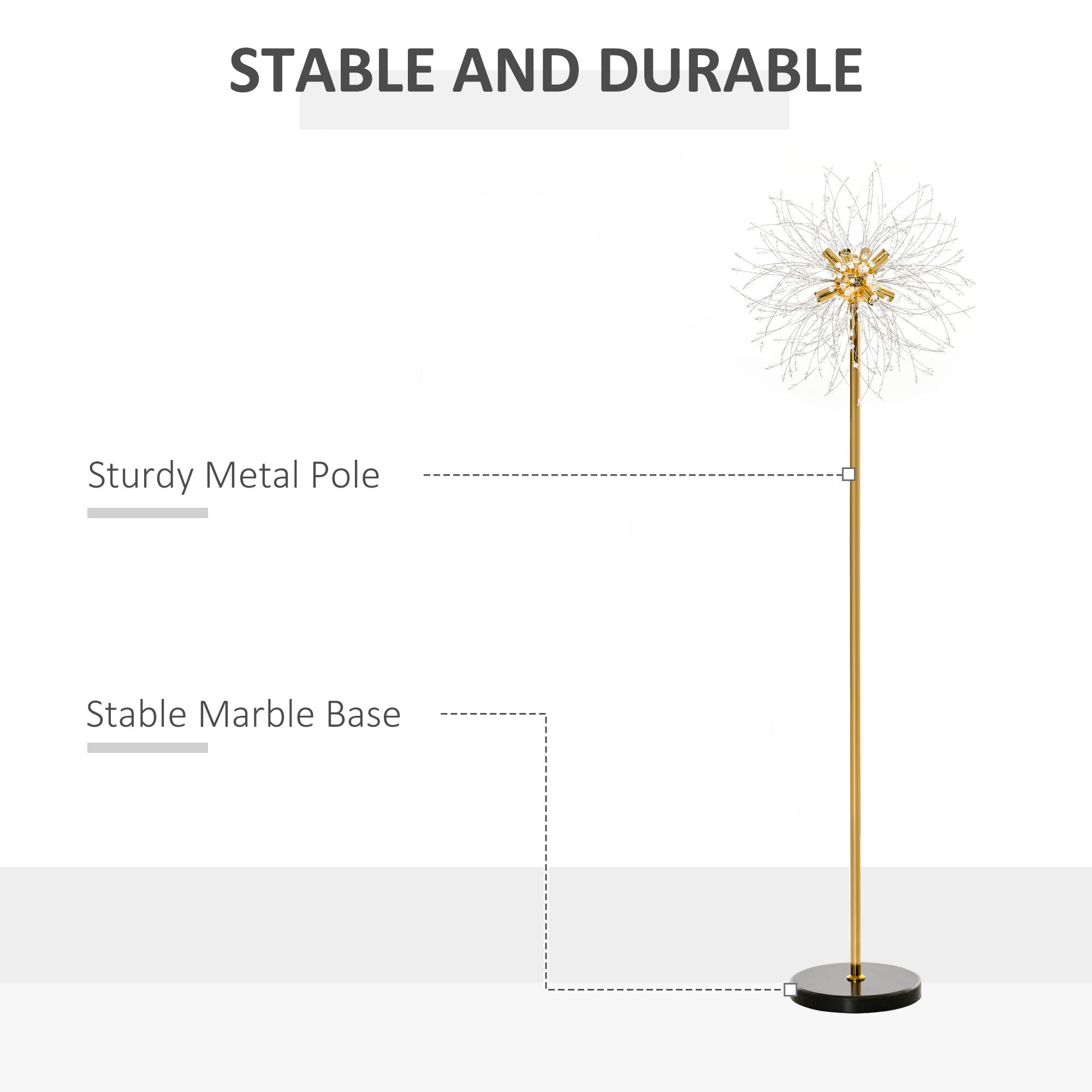 HOMCOM Floor Lamp, Crystal Fireworks Standing Lamp, Metal Golden Pole Tree Lighting with Foot Switch, 8 Lights, G9 Bulb Base, for Living Room, Bedroom