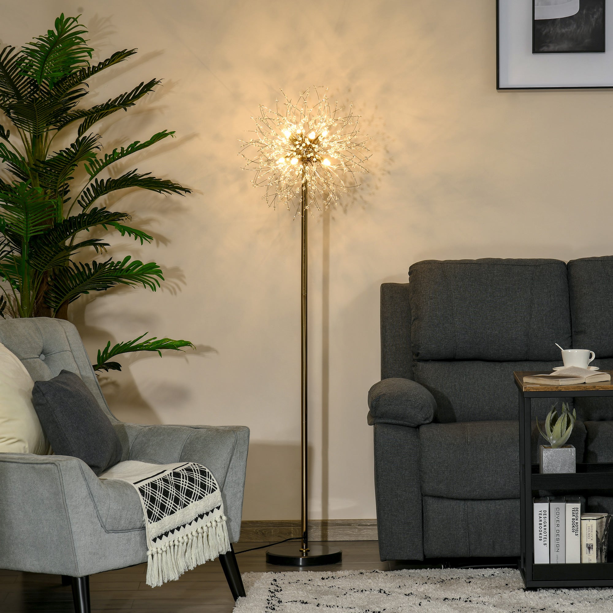 HOMCOM Floor Lamp, Crystal Fireworks Standing Lamp, Metal Golden Pole Tree Lighting with Foot Switch, 8 Lights, G9 Bulb Base, for Living Room, Bedroom