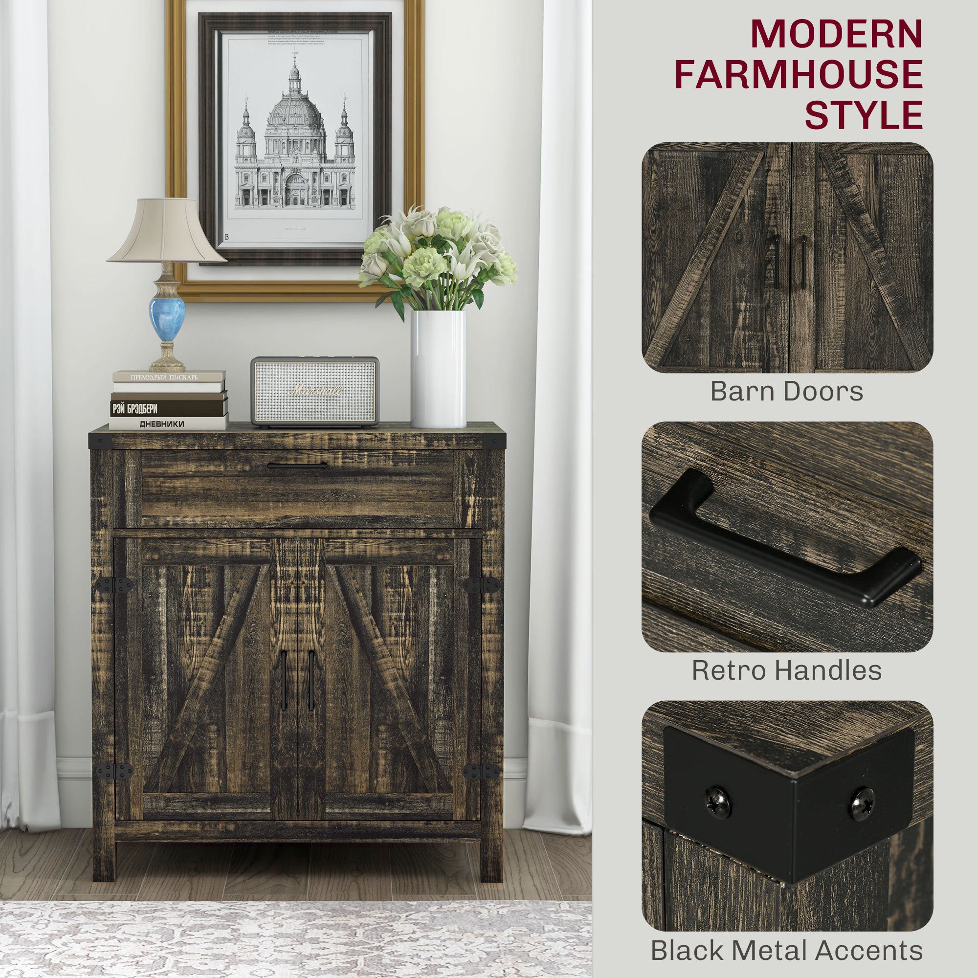 Sideboard with Storage, Buffet Cabinet, 2 Barn Doors & Drawer for Dining Room, Dark Oak - HOMCOM