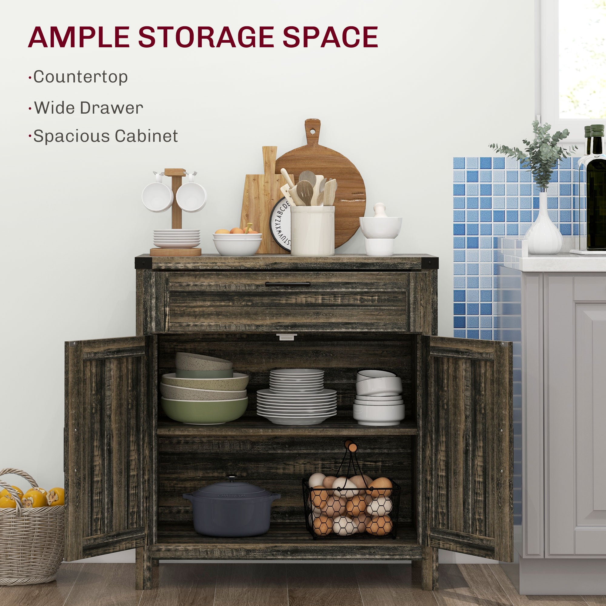 Sideboard with Storage, Buffet Cabinet, 2 Barn Doors & Drawer for Dining Room, Dark Oak - HOMCOM