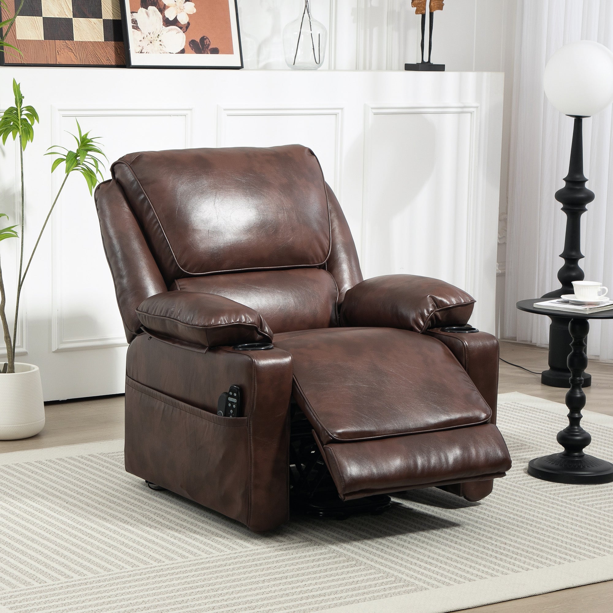 HOMCOM Power Lift Recliner Chair Sofa with Vibration Massage and Heat, Faux Leather Lift Chair for Elderly, Overstuffed Reclining Chair with Remote Control, USB Port and Side Pockets, Brown