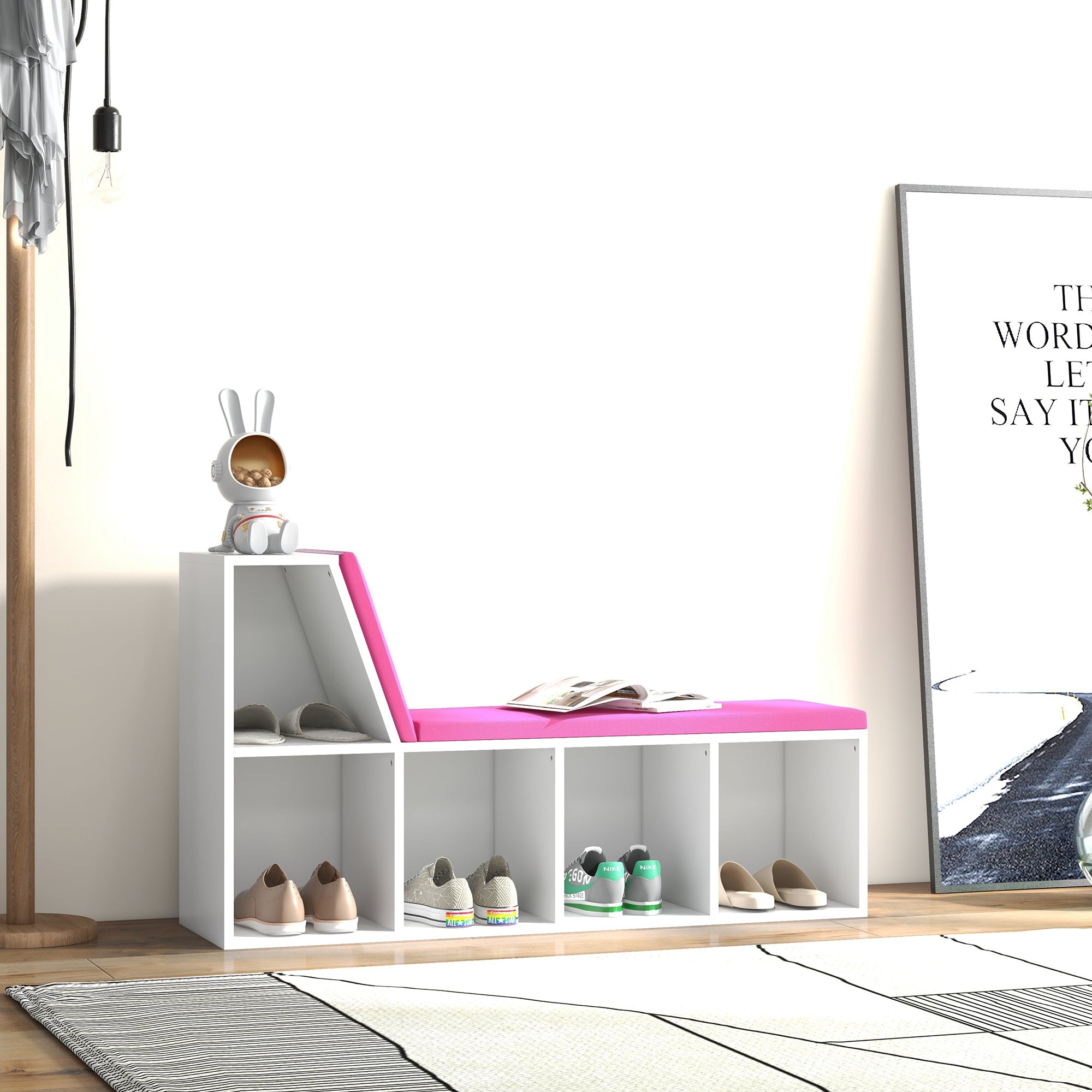 HOMCOM Bookshelf with Reading Nook, Bookcase with Seat Cushion, 5 Cube Storage Shelf for Home Office, Study, Pink