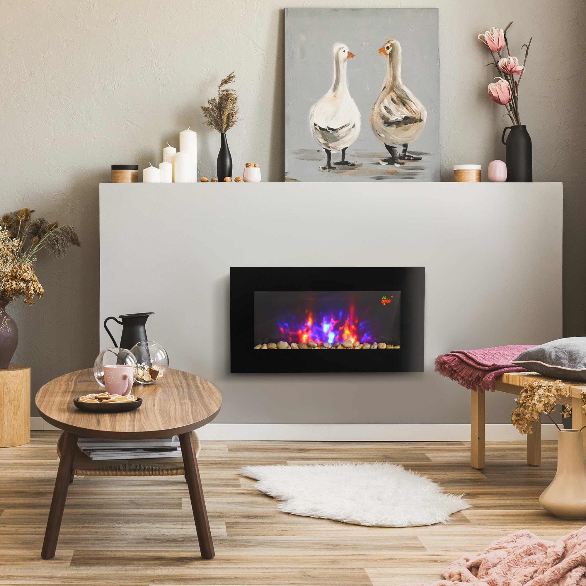 1000W/2000W Electric Wall Fireplace w/ LED Flame Effect Timer Remote Sleek Stylish Safe Home Heating 20-25㎡