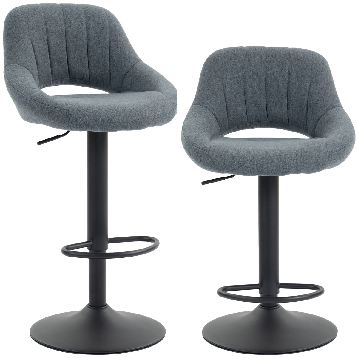 Bar Stools Set of 2, Swivel Counter Height Barstools with Adjustable Height and Cutout Back, Linen Upholstered Bar Chairs with Round Metal Base and Footrest, Dark Grey