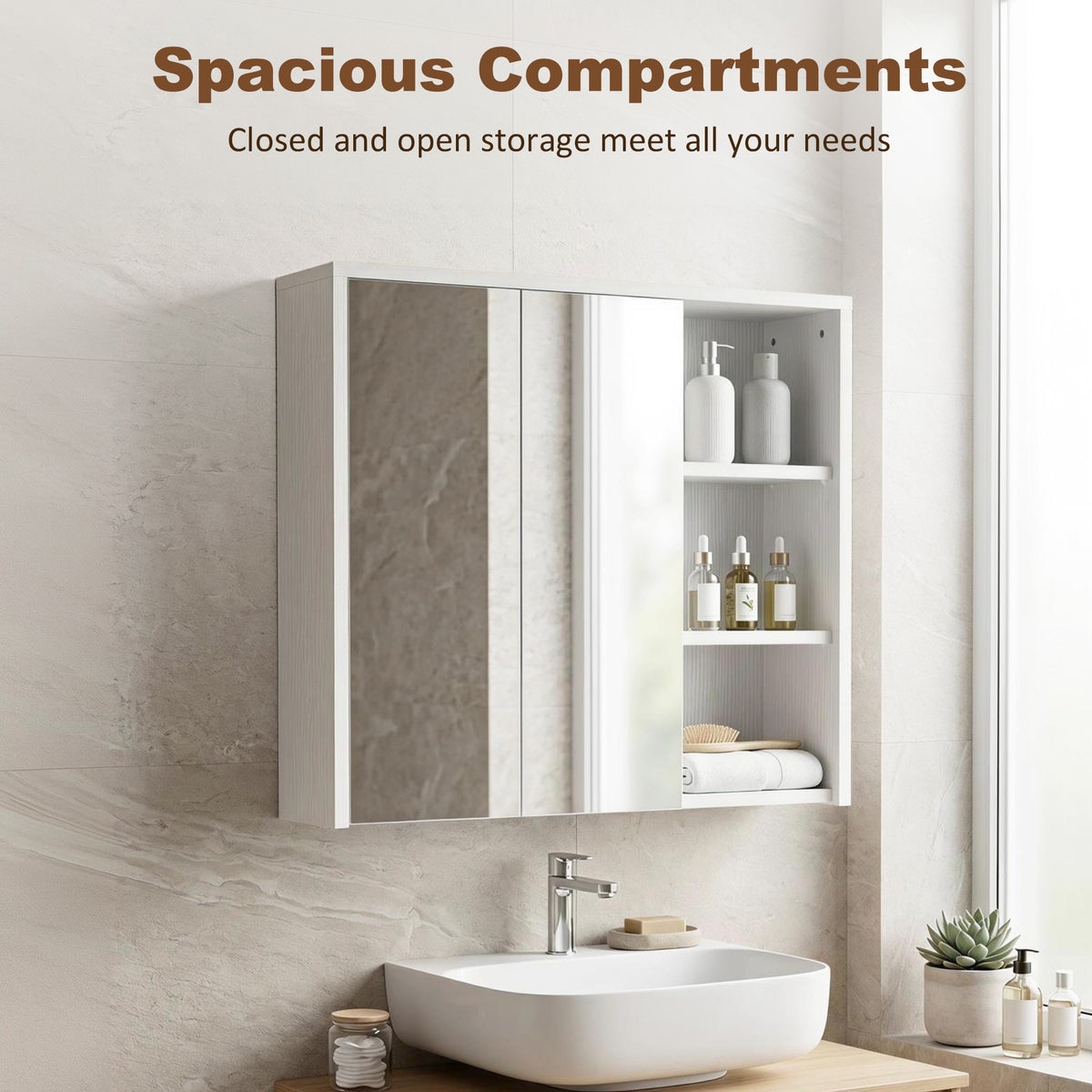 Bathroom Medicine Cabinet with Mirror, Wall Mount Mirror Cabinet with Open Shelves, 2 Soft-Close Doors, Bathroom Storage Organizer, White Wood Grain