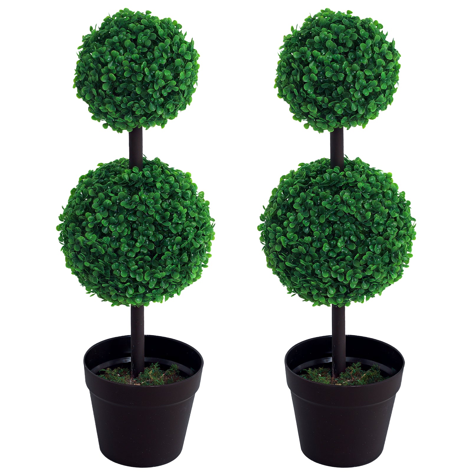 Boxwood Topiary Tree Set of 2, 2-Ball Artificial Plant, UV Resistant for Home Office, Living Room Decor, Dark Green