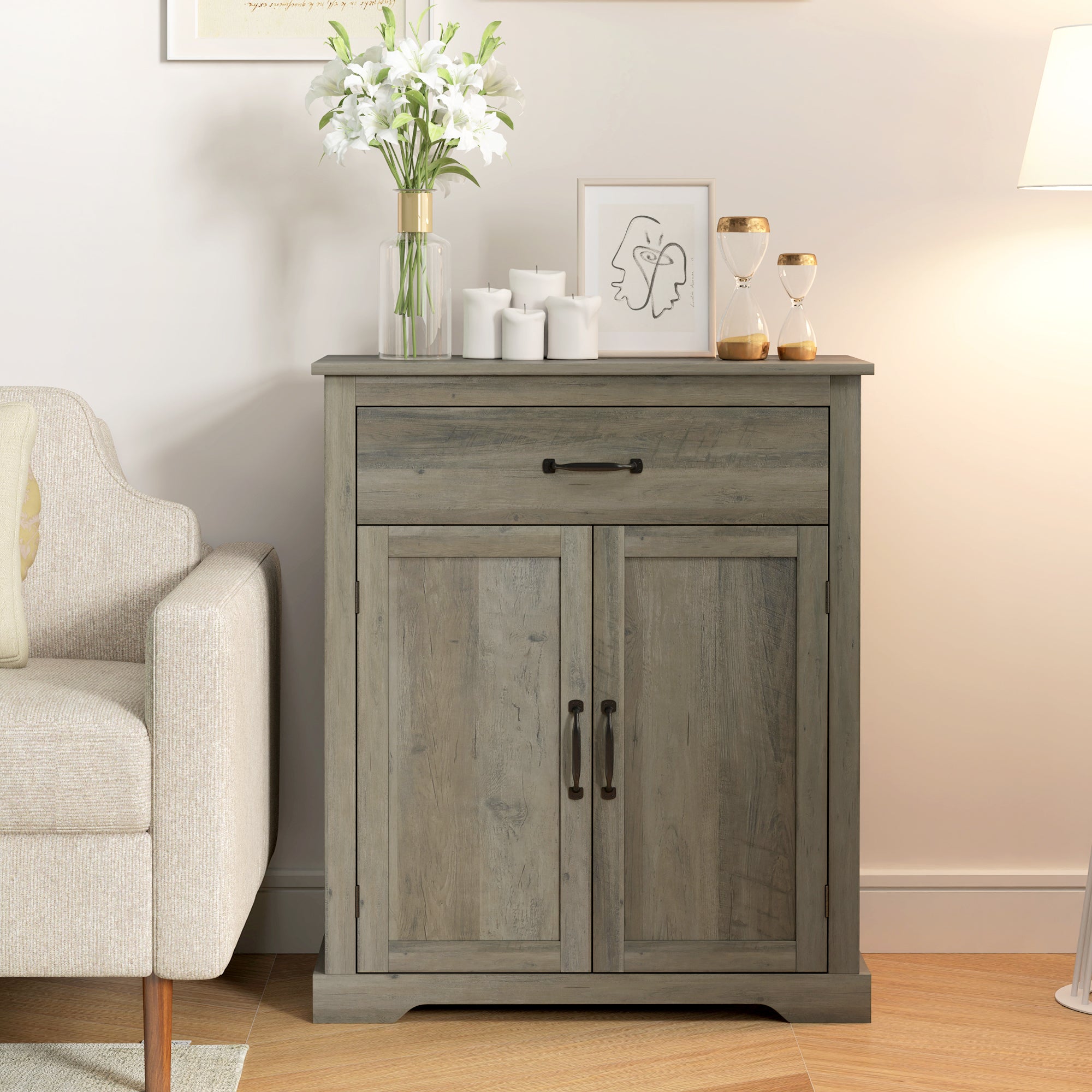 Sideboard Buffet Table w/ Drawer, Double Doors & Adjustable Shelf for Kitchen, Gray