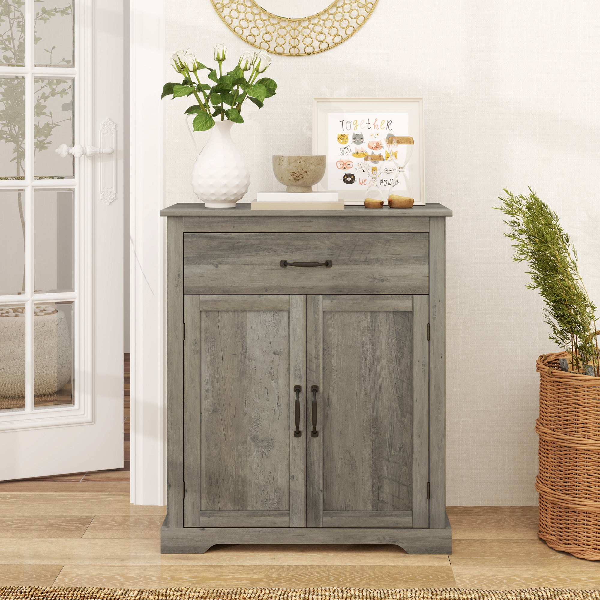 Sideboard Buffet Table w/ Drawer, Double Doors & Adjustable Shelf for Kitchen, Gray