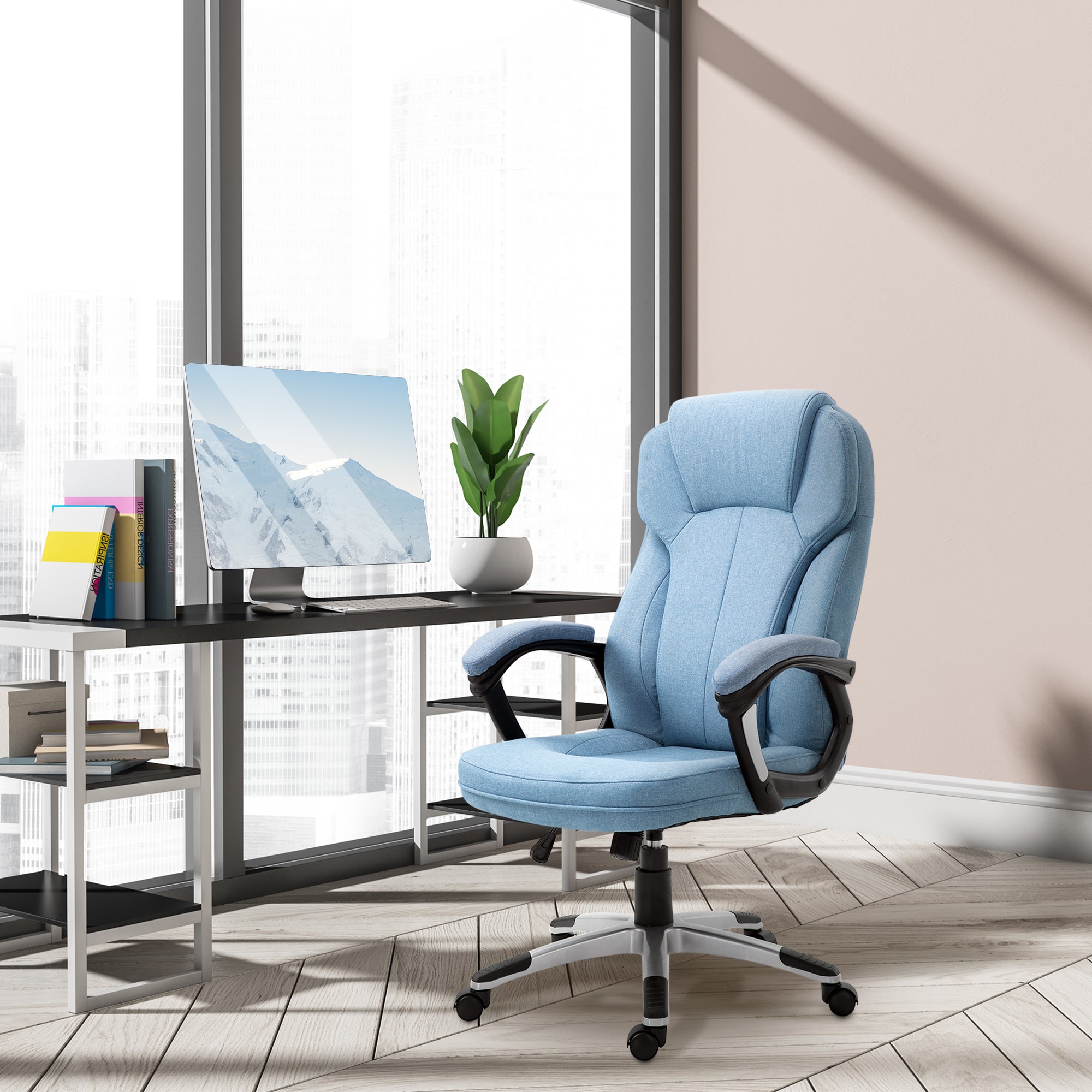Vinsetto Office Chair, Linen Fabric Desk Chair, Height Adjustable Computer Chair with Padded Armrests, Swivel Wheels and Tilt Function, Blue