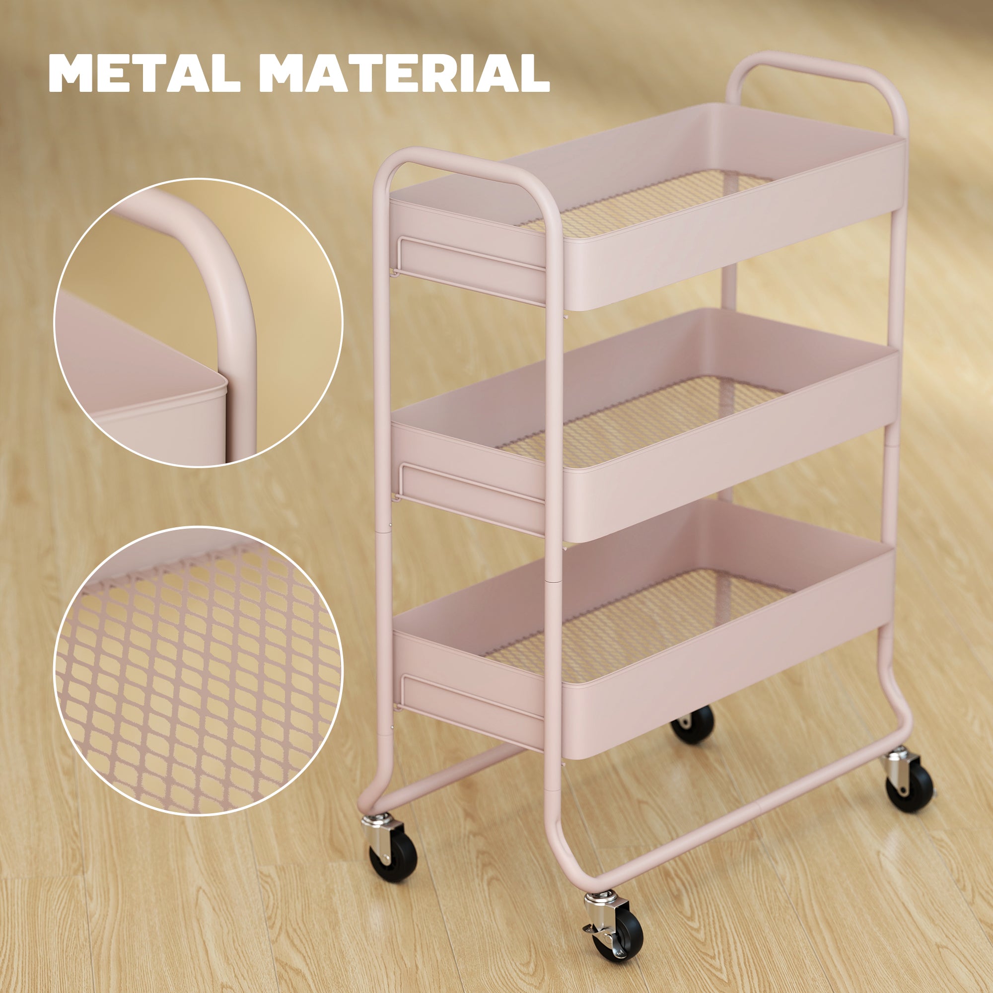 3-Tier Storage Trolley on Wheels, Rolling Utility Cart with Mesh Backets, Mobile Storage Cart for Kitchen, Bathroom, Bedroom, Light Pink