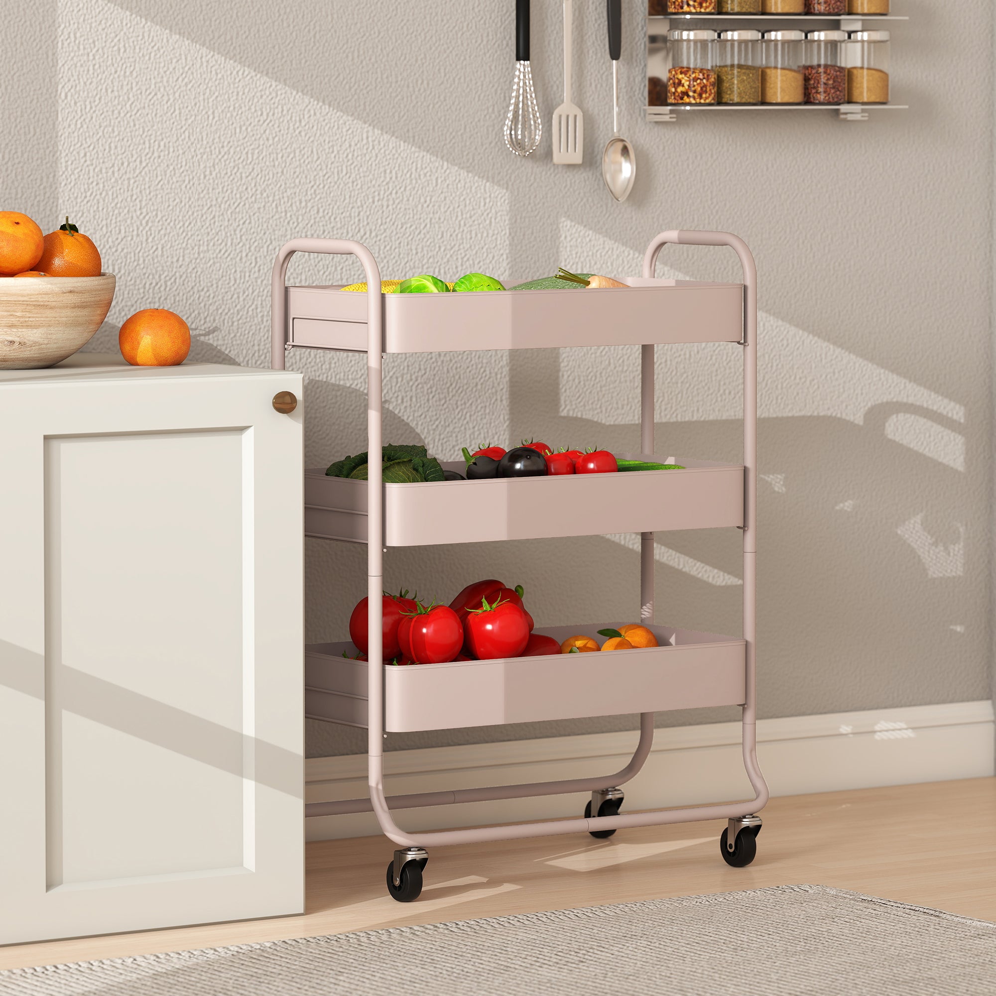 3-Tier Storage Trolley on Wheels, Rolling Utility Cart with Mesh Backets, Mobile Storage Cart for Kitchen, Bathroom, Bedroom, Light Pink