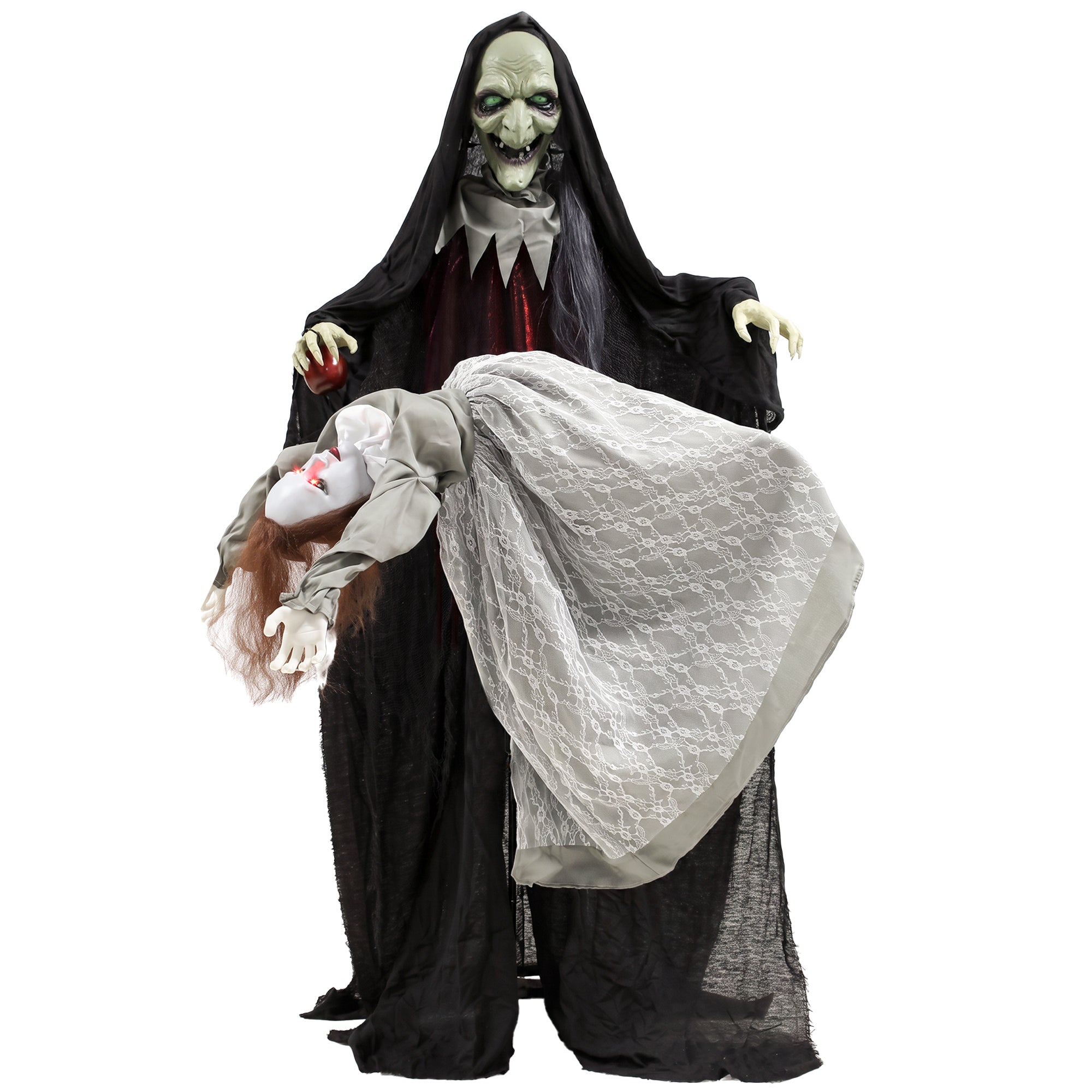 71" Halloween Animated Standing Witch with Floating Ghost Decoration, Halloween Animated Prop with Light-Up Eyes, Sound and Touch Activated, Rising and Falling Motion for Haunted House Party