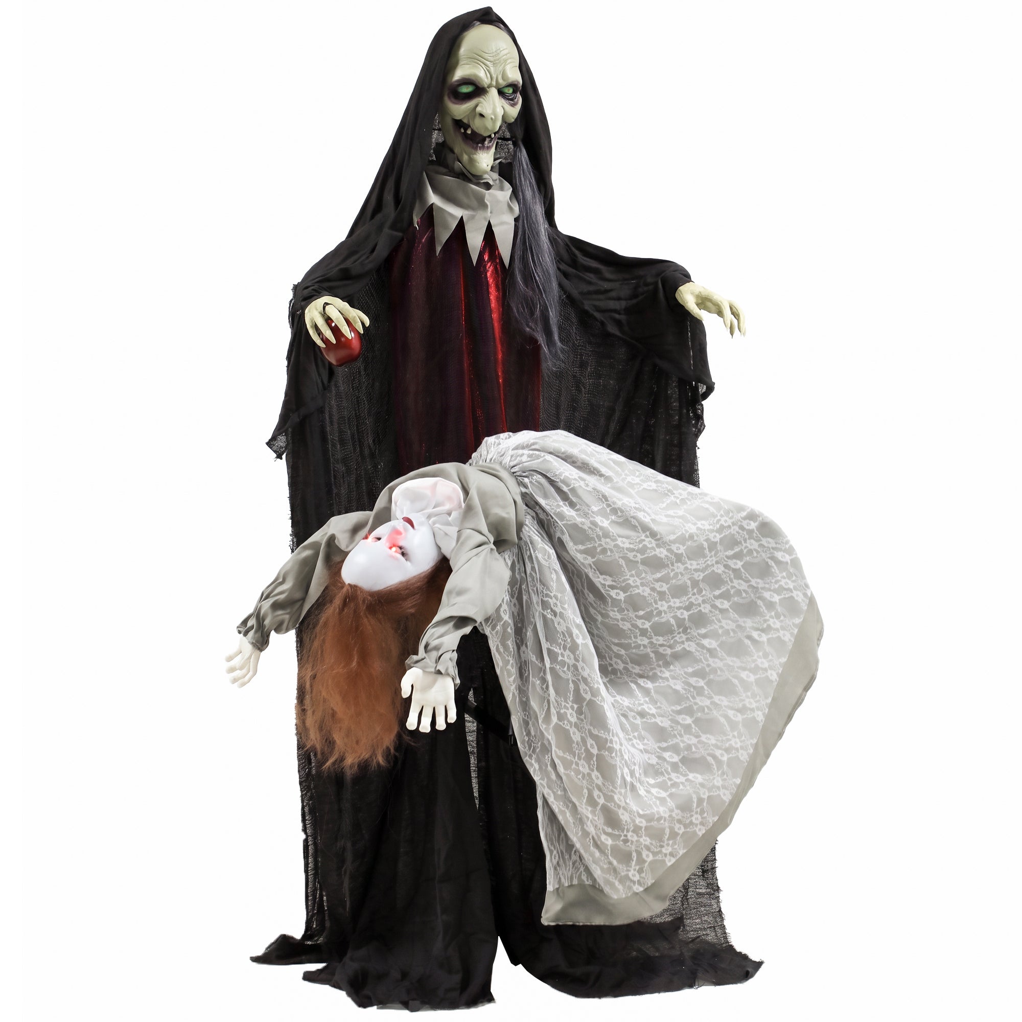 71" Halloween Animated Standing Witch with Floating Ghost Decoration, Halloween Animated Prop with Light-Up Eyes, Sound and Touch Activated, Rising and Falling Motion for Haunted House Party