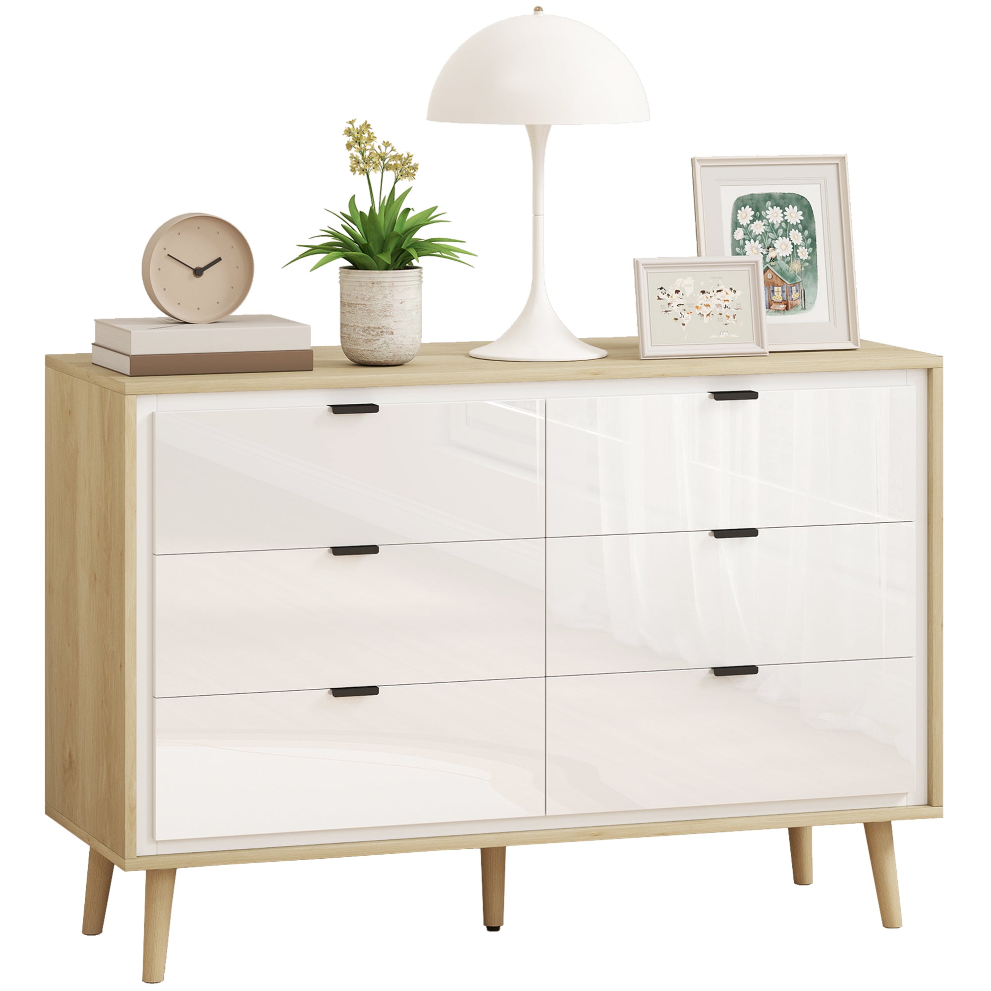 Chest of Drawers, 6 Drawer Dresser, Storage Cabinet with 6 Drawers and 5 Legs for Bedroom, Living Room, High Gloss White