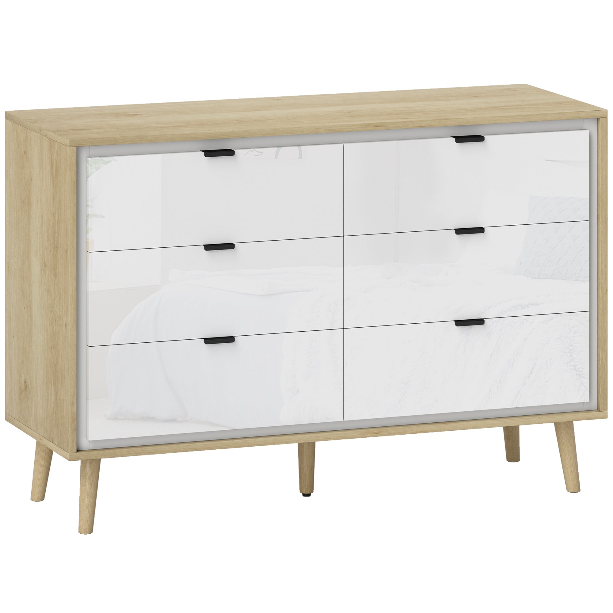 Chest of Drawers, 6 Drawer Dresser, Storage Cabinet with 6 Drawers and 5 Legs for Bedroom, Living Room, High Gloss White