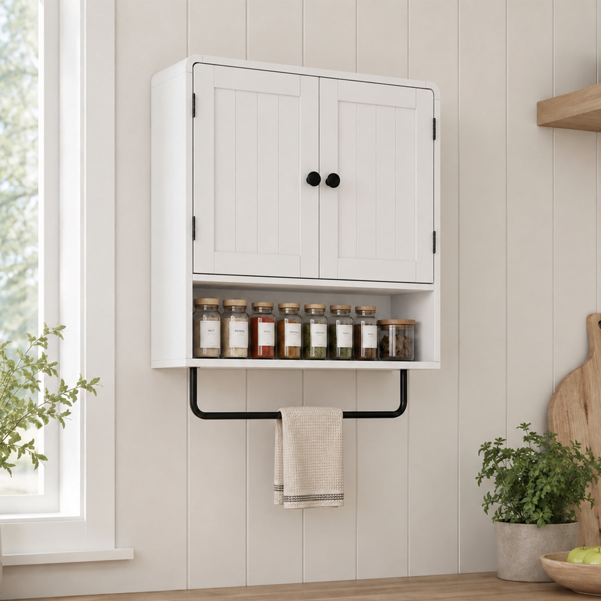 Bathroom Wall Cabinet, Wall Mounted Bathroom Cabinet with 2 Doors, Open Shelf, Towel Bar and Adjustable Shelf Storage for Toilet, Laundry, White
