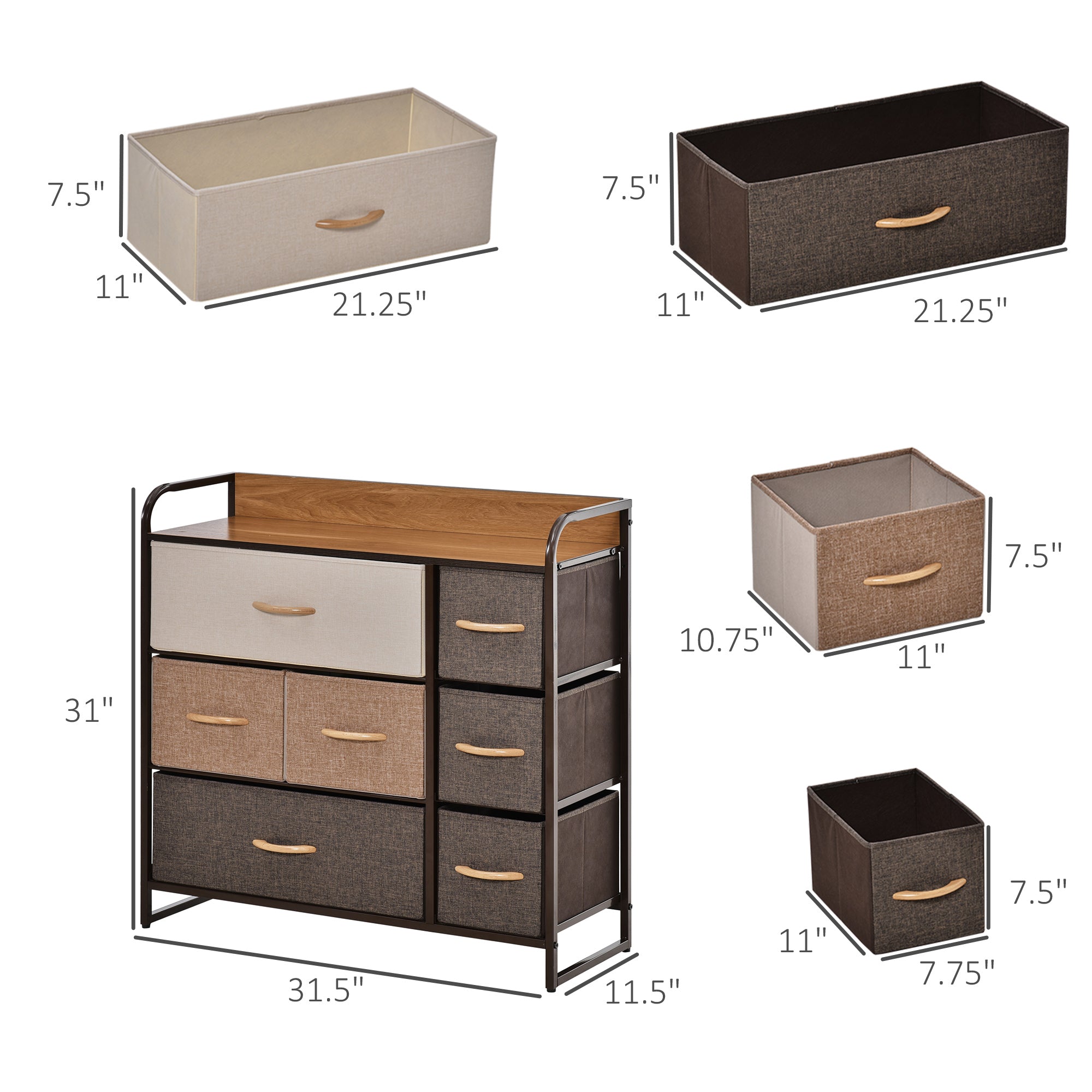 7-Drawer Dresser, Fabric Drawers, 3-Tier Storage Organizer for Bedroom Entryway, Tower Unit with Steel Frame Wooden Top, Maple Wood