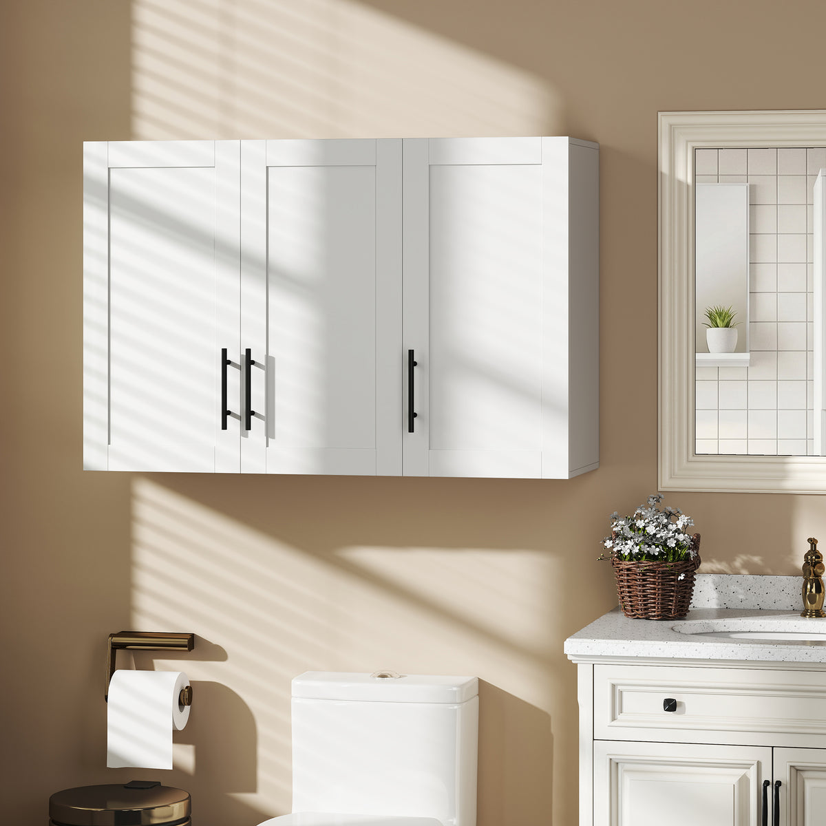 Bathroom Wall Cabinet, Modern Medicine Cabinet Wall Mounted, Over The Toilet Space Saver with 3 Doors and Adjustable Shelves for Toilet, Bathroom, Washroom, White