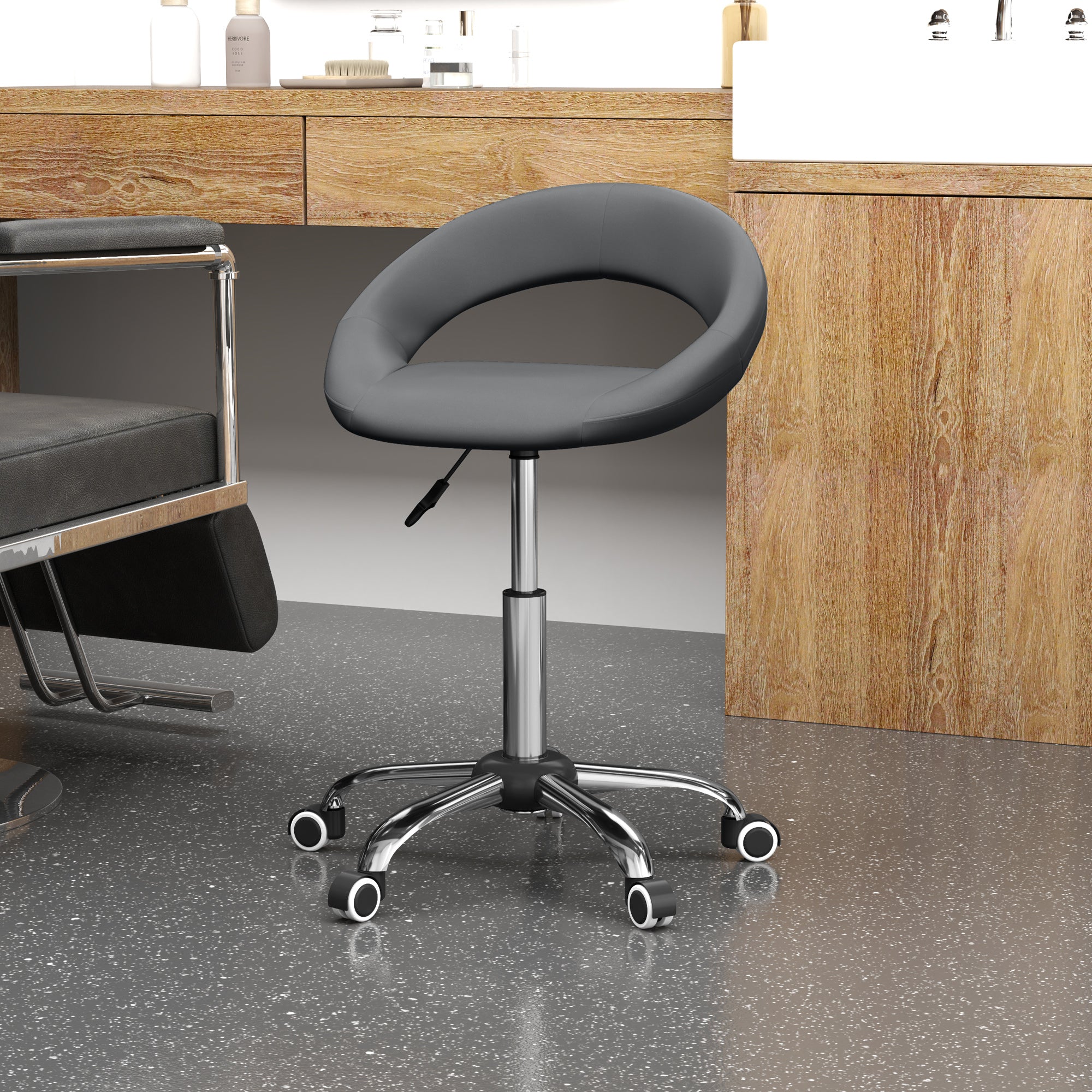 HOMCOM Modern Hydraulic Moon Salon Stool Rolling Swivel Chair Massage Spa Tattoo Pub Bar Stool, Grey