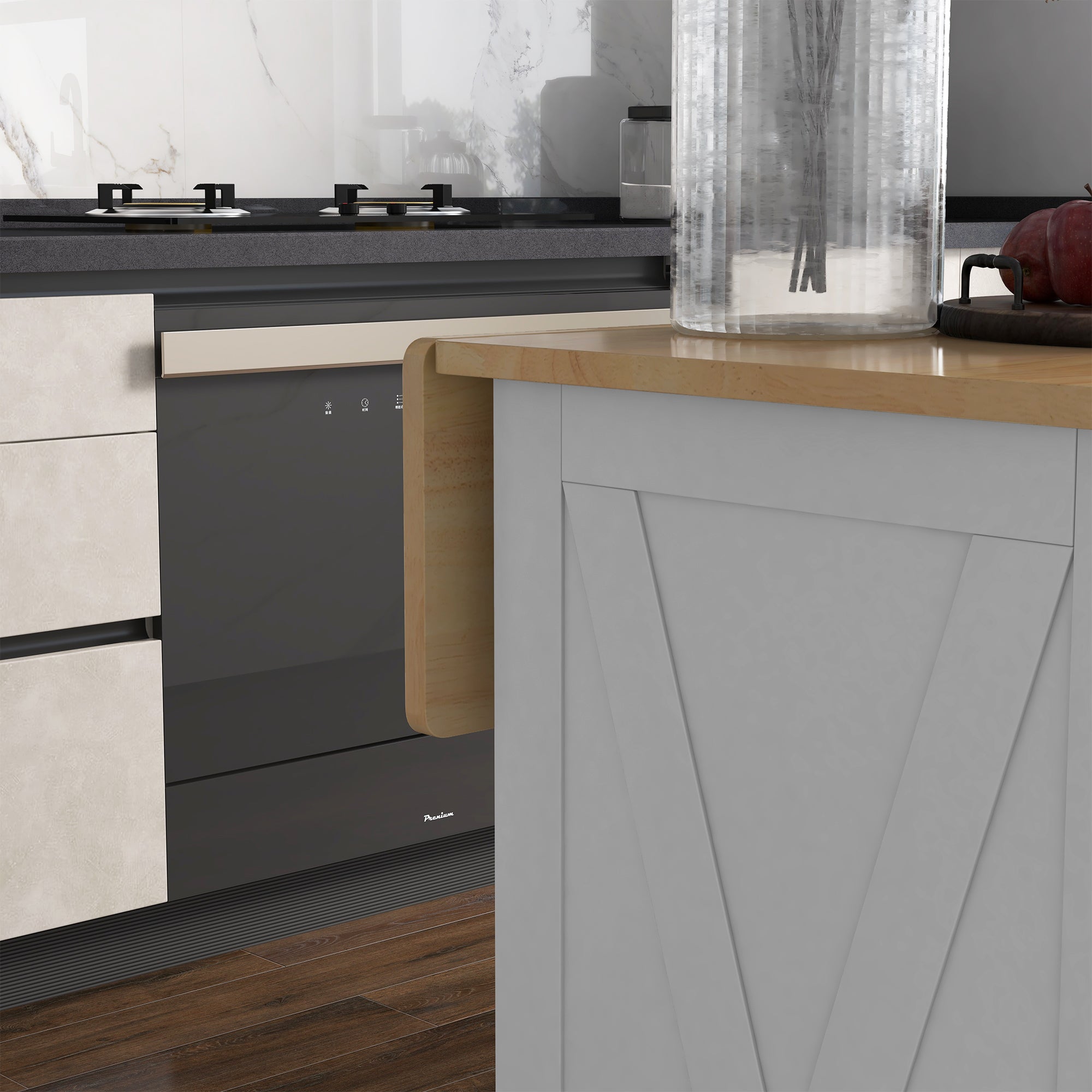 Rolling Kitchen Island with Drop Leaf, Wood Breakfast Bar Cart with 2 Drawers, White