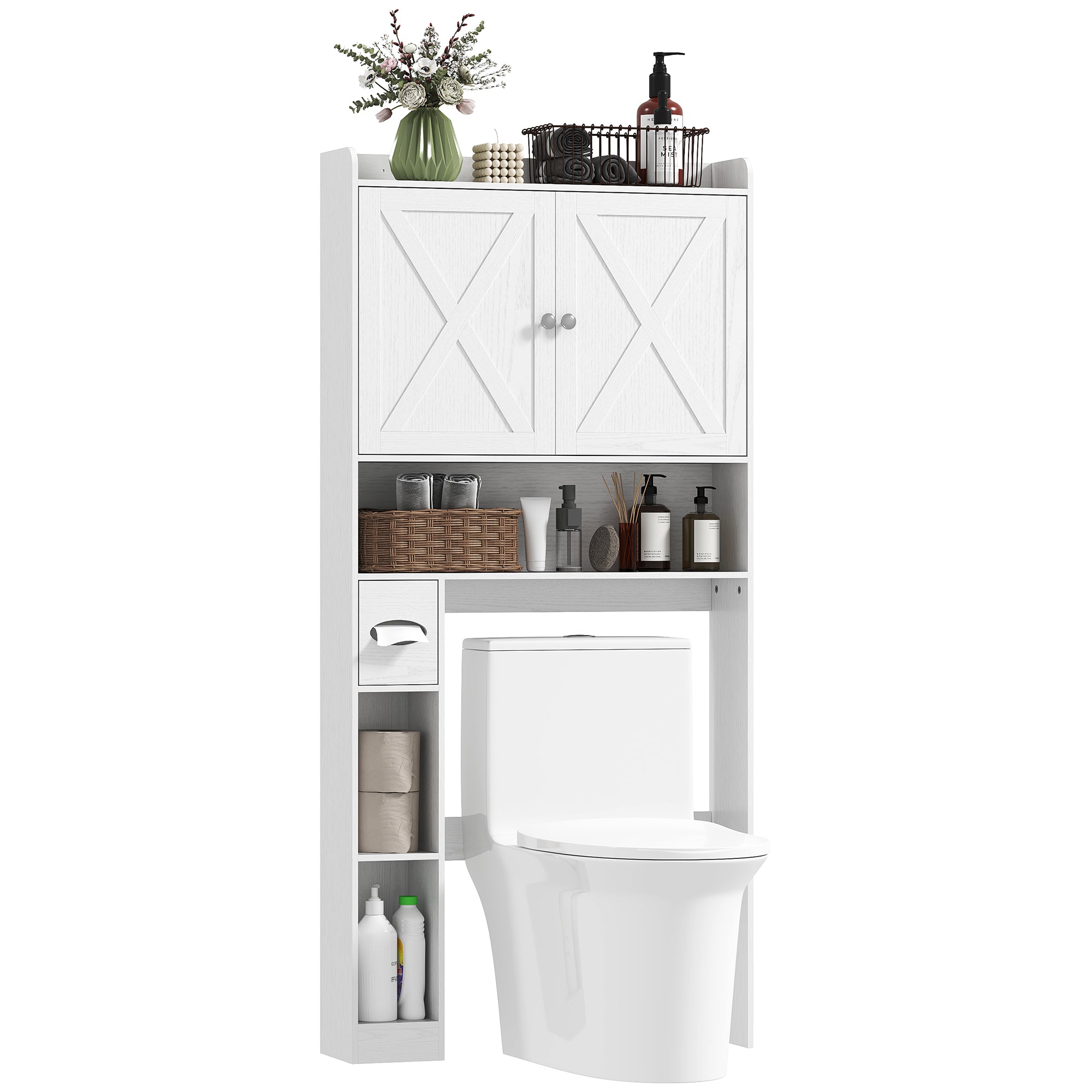 HOMCOM Over the Toilet Storage Cabinet, Farmhouse Above Toilet Bathroom Organizer with Barn Doors, Adjustable Shelf, Toilet Paper Holder, Freestanding Space Saver for Laundry, Distressed White