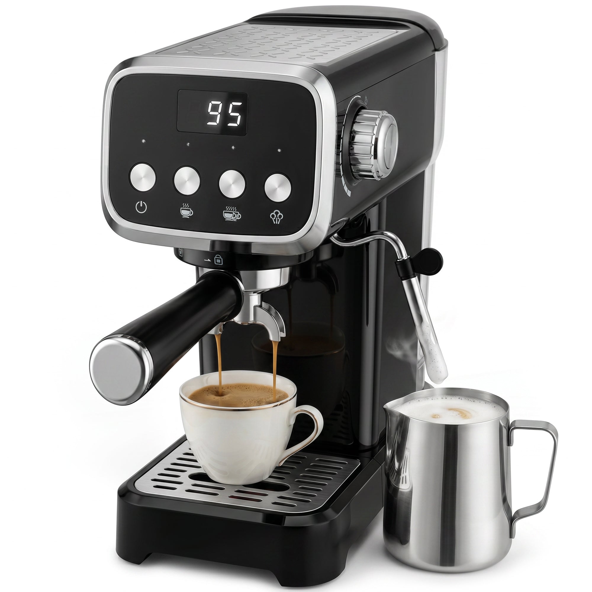 Espresso Machine with Milk Frother Wand, 1350W Semi Automatic 20 Bar Coffee Machine with 1.2L Water Tank, Latte and Cappuccino Maker with Single/Double Shot, Hot Water, Cup Warming, Black