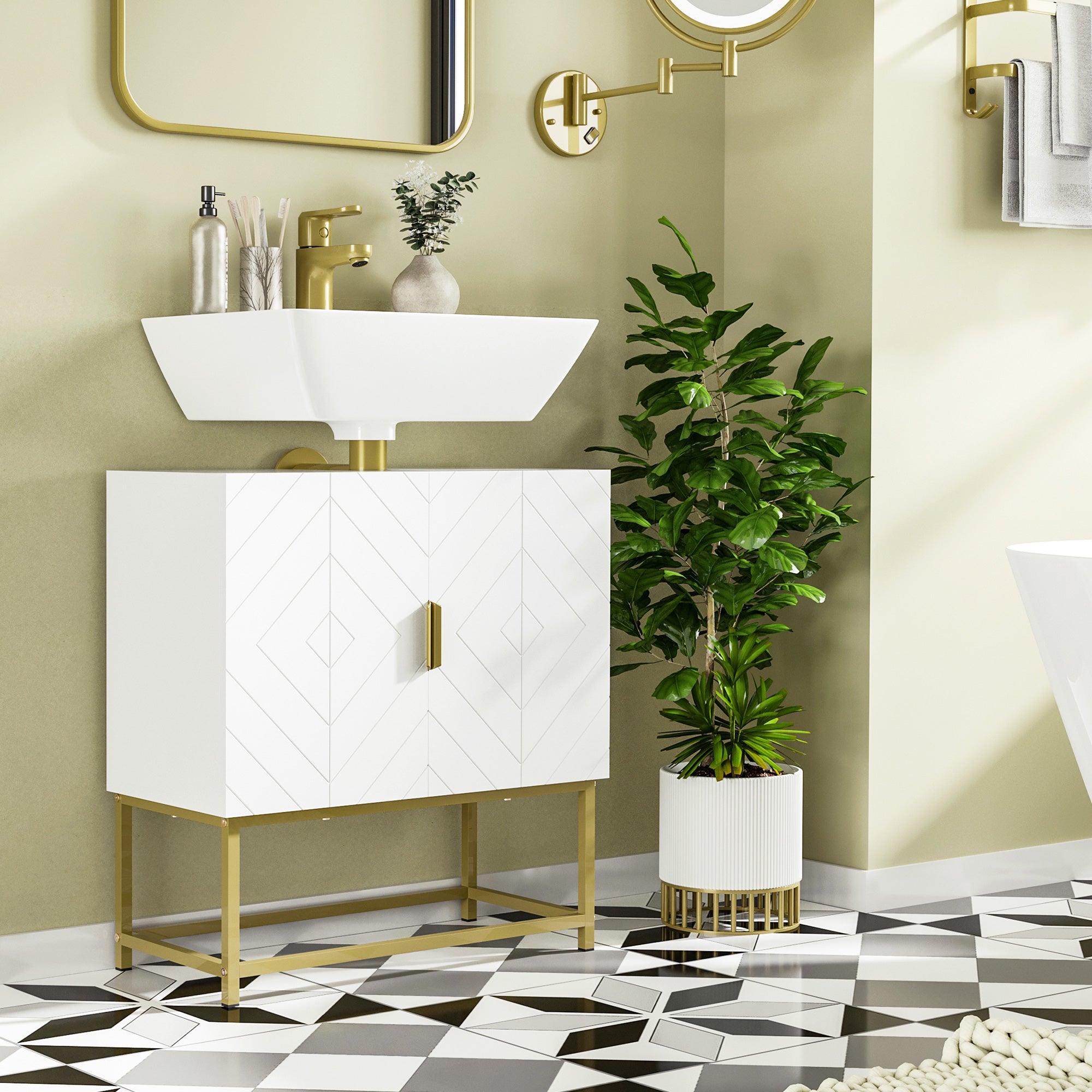 kleankin Modern Bathroom Sink Cabinet, Freestanding Under Sink Storage Cabinet, Space Saving Wooden Basin Cupboard with 2 Doors and Gold Steel Legs, 60 x 30 x 65 cm, White