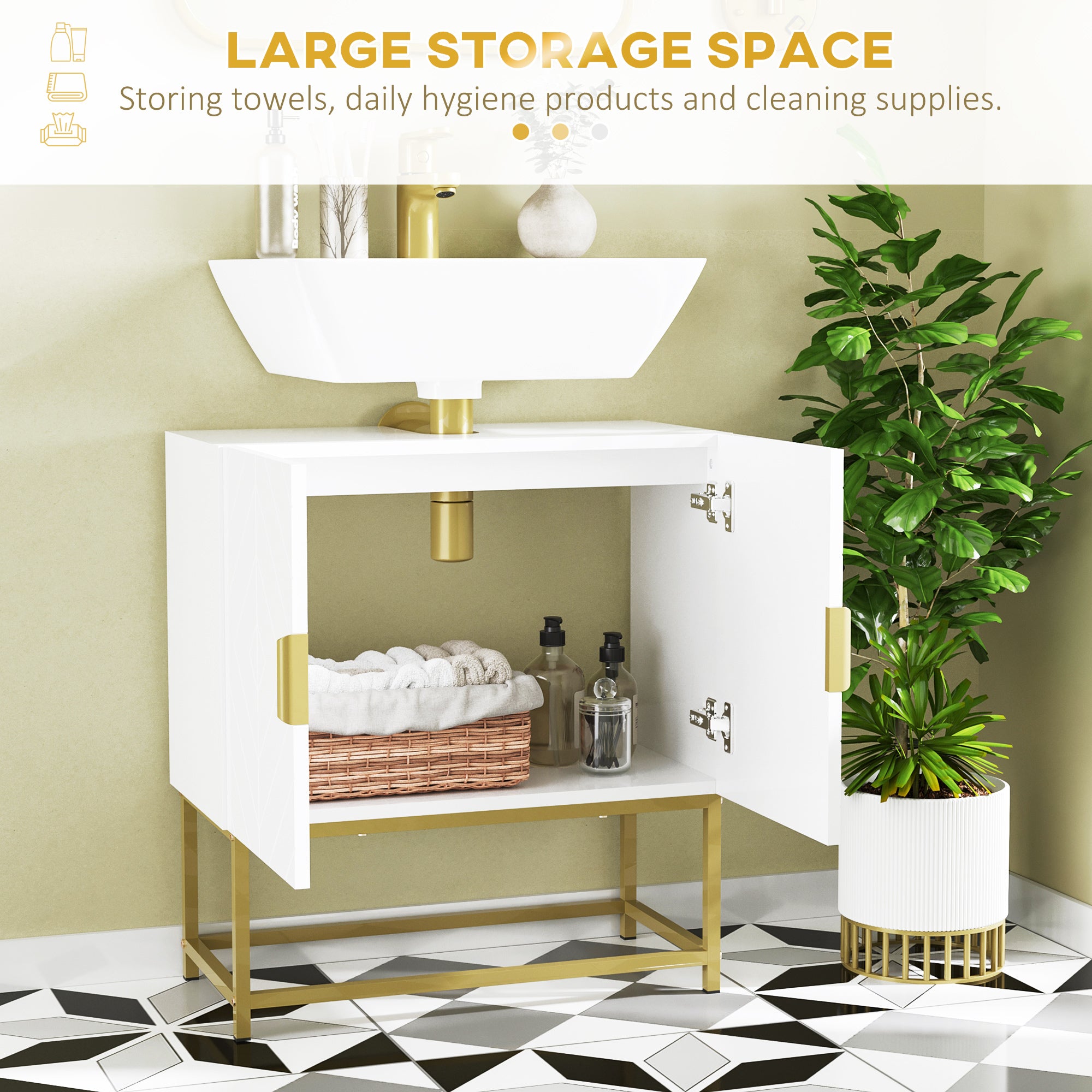 kleankin Modern Bathroom Sink Cabinet, Freestanding Under Sink Storage Cabinet, Space Saving Wooden Basin Cupboard with 2 Doors and Gold Steel Legs, 60 x 30 x 65 cm, White