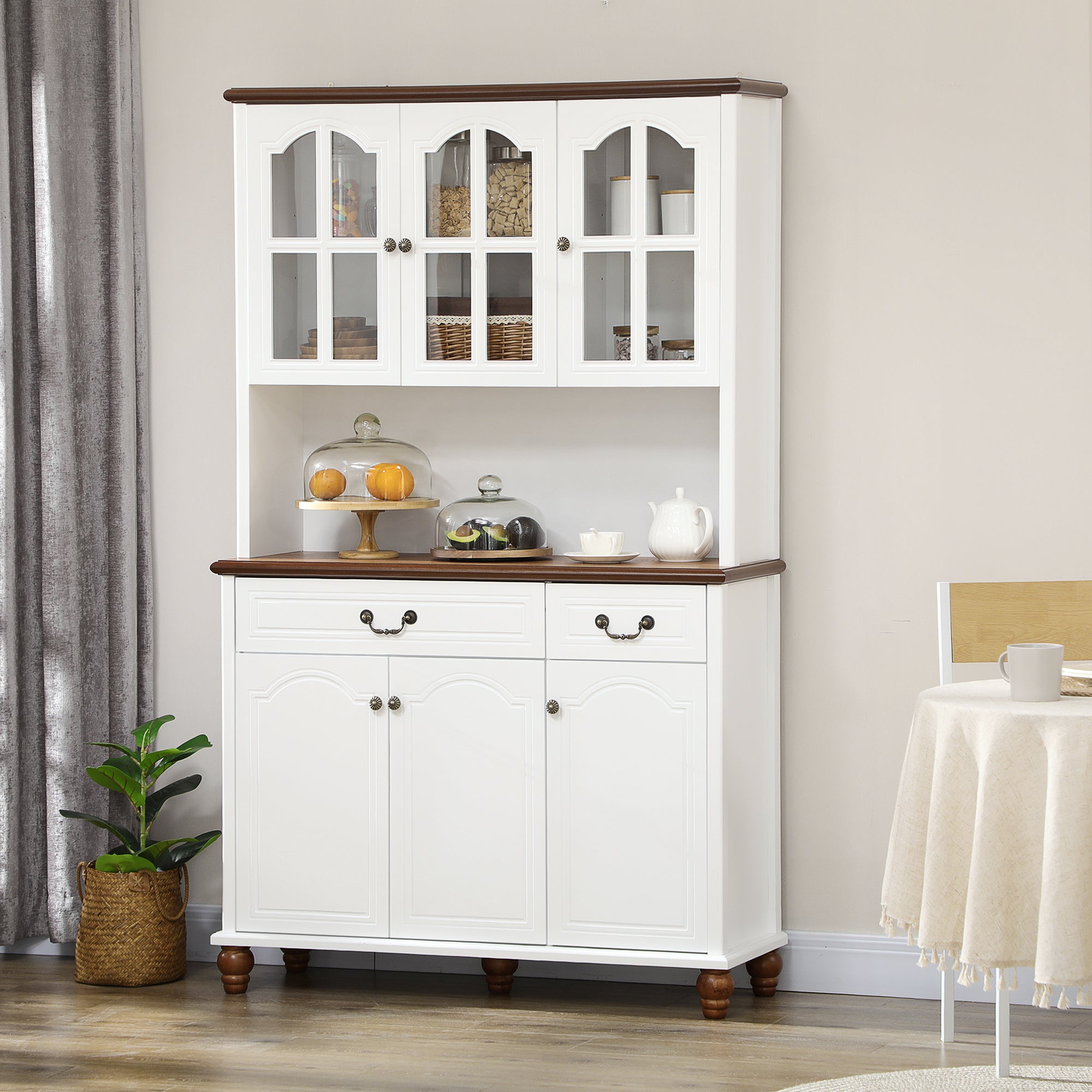 Kitchen Buffet with Hutch 6 Door 2 Drawer Adjustable Shelves White