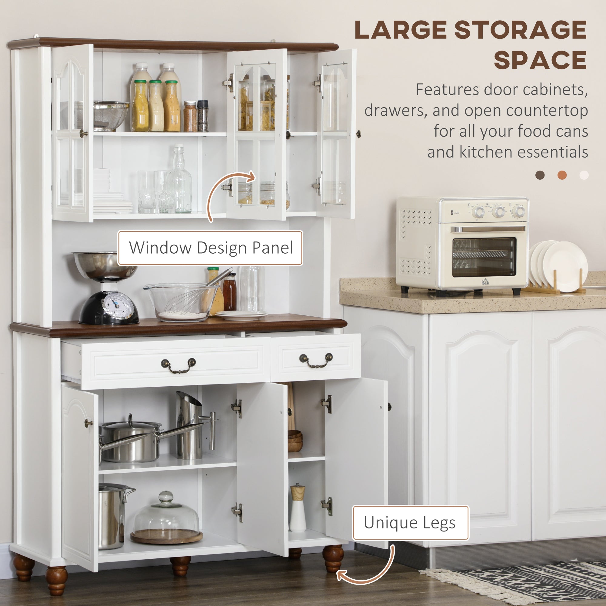 Kitchen Buffet with Hutch 6 Door 2 Drawer Adjustable Shelves White