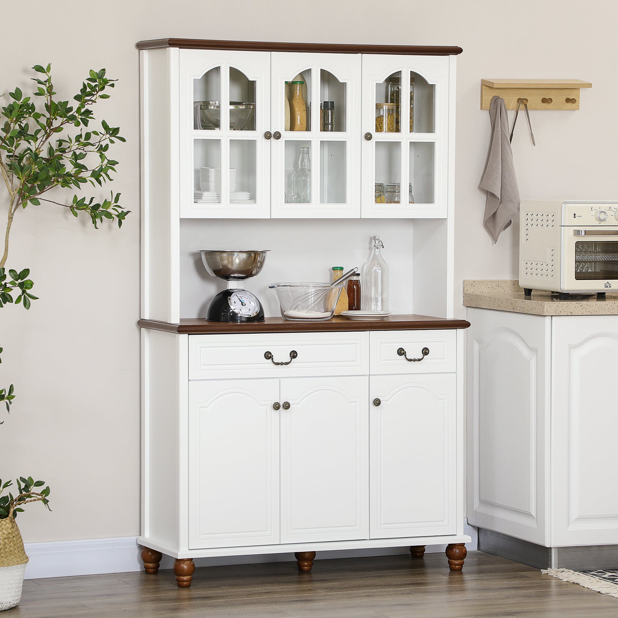 Kitchen Buffet with Hutch 6 Door 2 Drawer Adjustable Shelves White